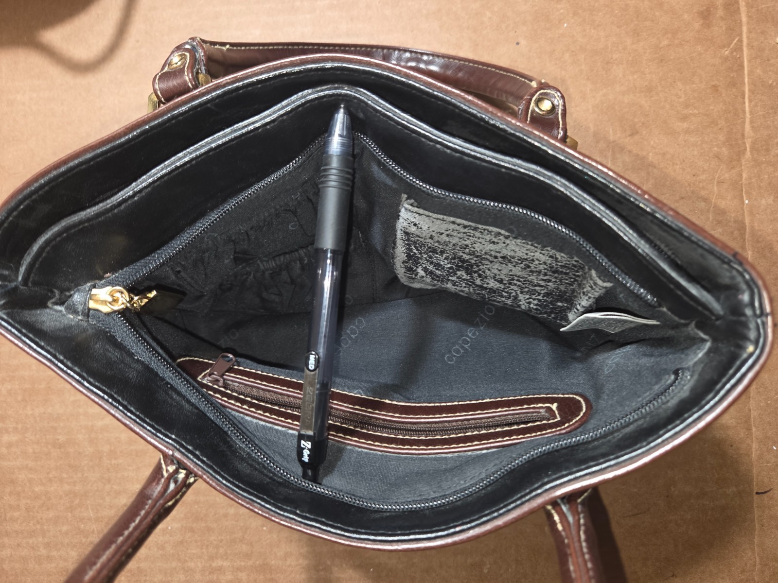 Purse Capezio Black Leather with Brown Trim Dual Top Handles Gold Highlights