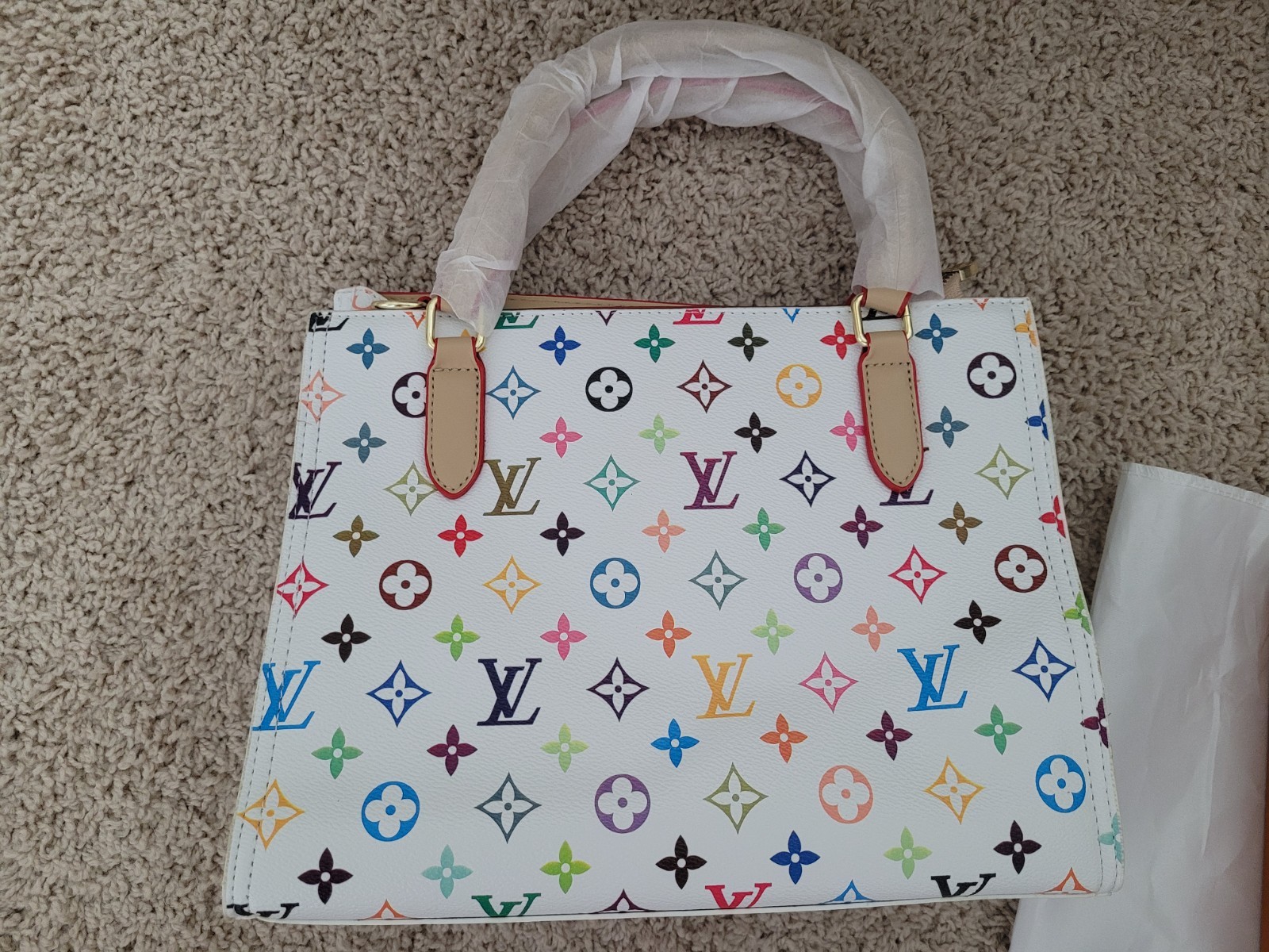 White Multicolor Monogram Satchel Top Handle Zip Bag w/ Adjustable Strap Charm