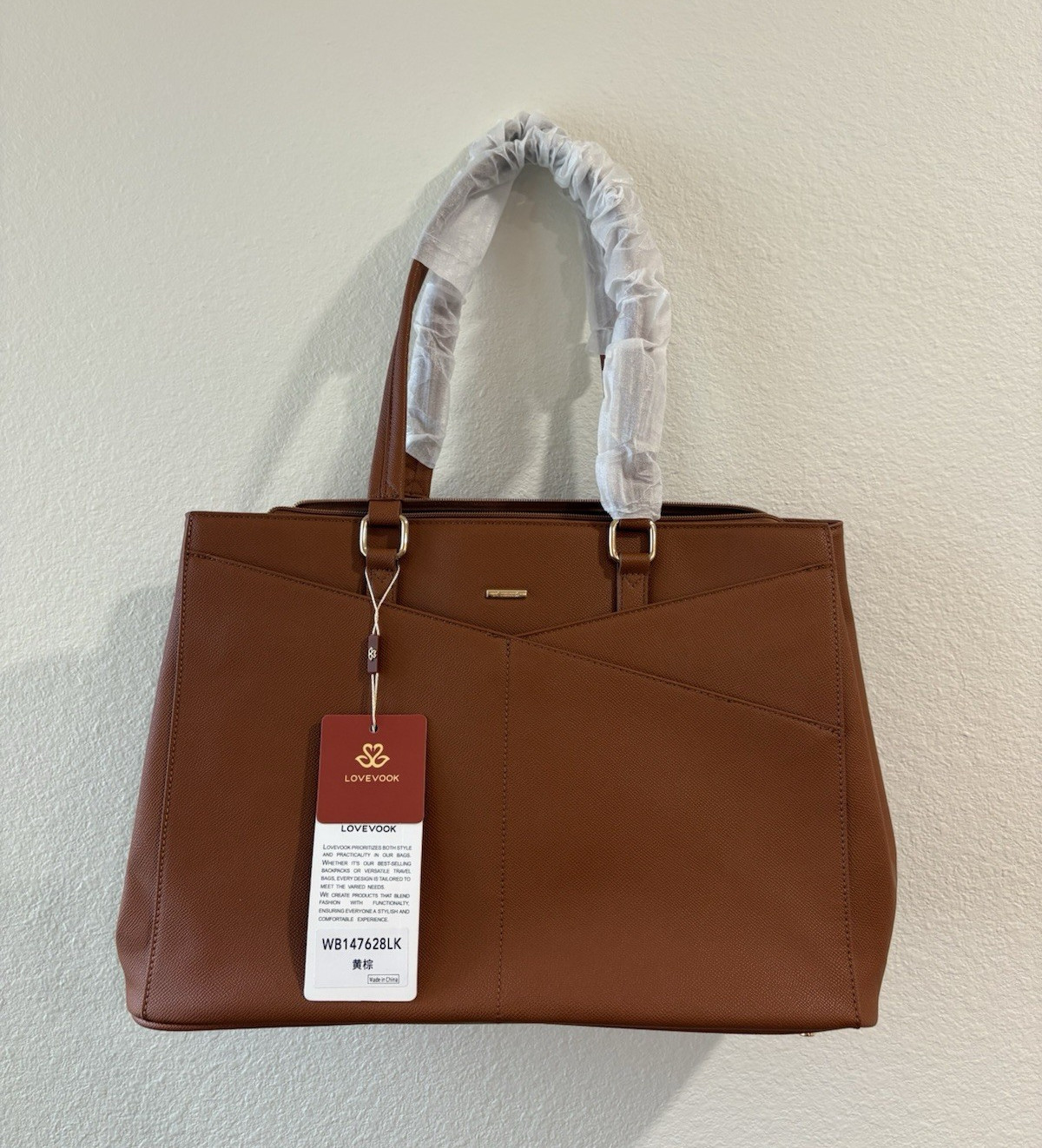 LOVEVOOK Brown Tote Bag Zip Closure Double Handles Inner Pockets Gold Hardware