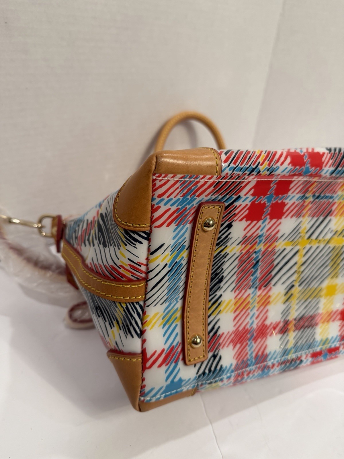 NWOT Dooney & Bourke Red, Yellow, Blue & Black Plaid Satchel with Tan Trim