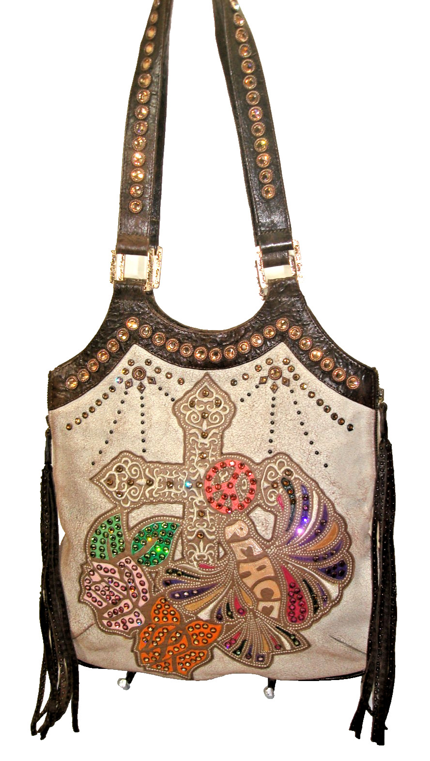 Kippys Brown Soft Italian Leather Peace Sign Swarovski Crystals Shoulder Bag EUC