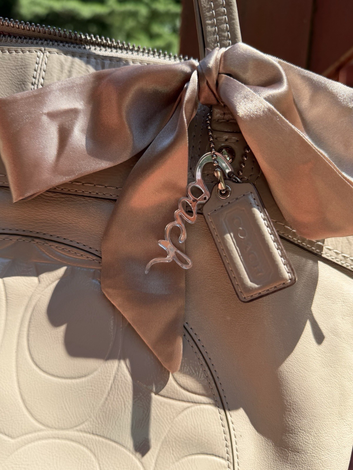 Coach Vintage Y2K Large Taupe Tote Zip Top Bow Bag Charm Pink Lining Silver HW