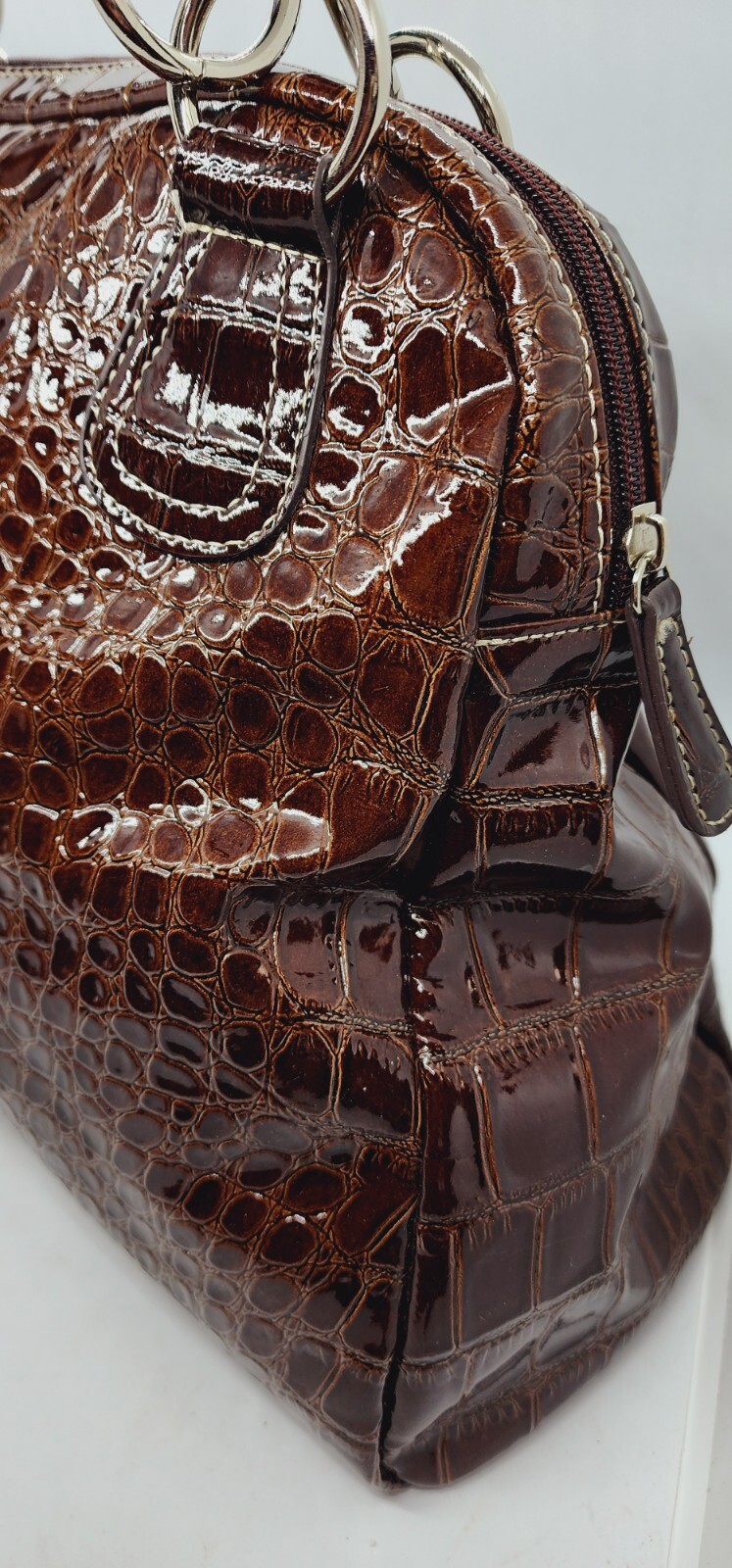 Brown PATENTED Leather Shiny Croc Purse Handbag O-ring Zipper Closure