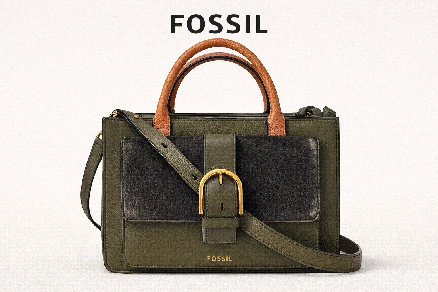 Fossil Wiley Satchel Olive Green Leather Calf Hair Front Crossbody Bag Brass Har