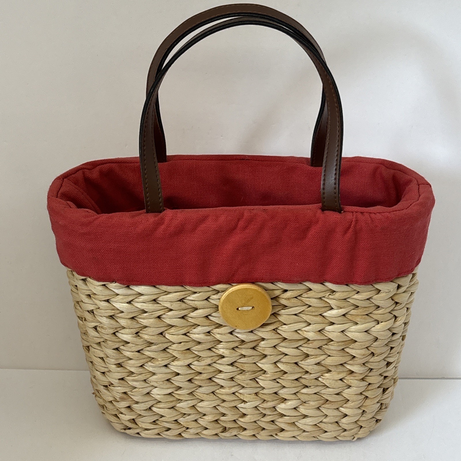 Handwoven Wicker Straw Basket Purse Handbag Red Orange Cloth Liner Spring NWOT