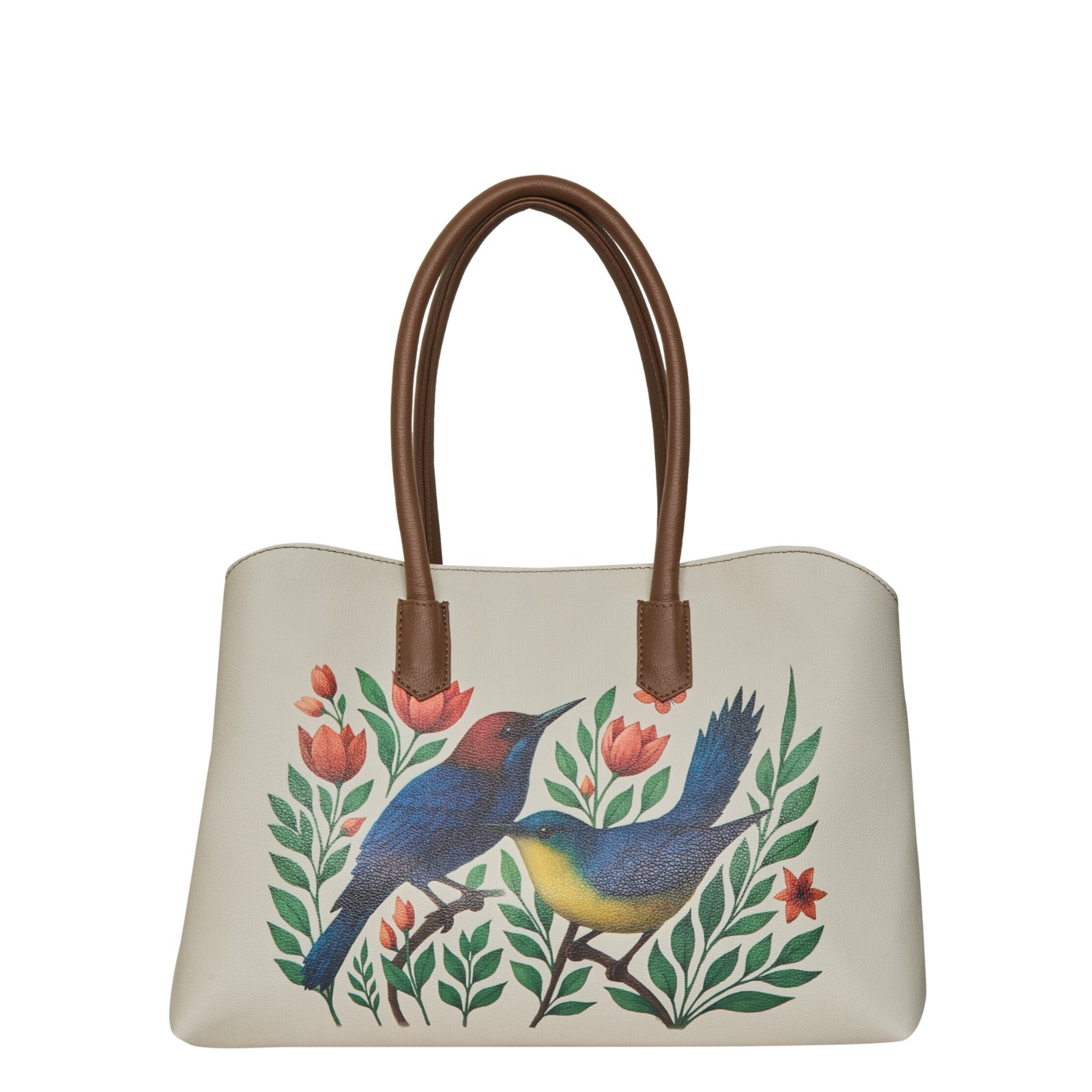 Birds Printed Genuine Leather Carryall Tote Bag for Women – Top Handle Handbag