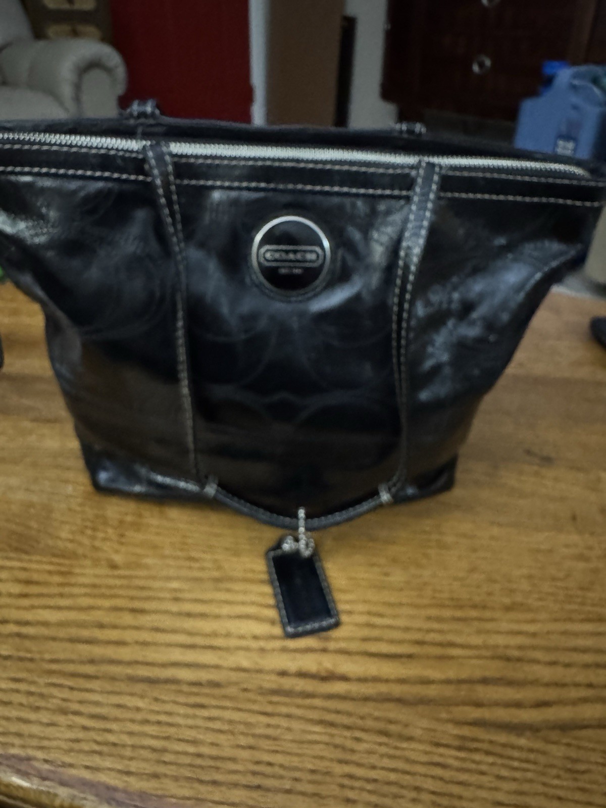 Coach F19198 Signature Sis Stitch Black Patent Leather Medium Tote Shoulder Bag