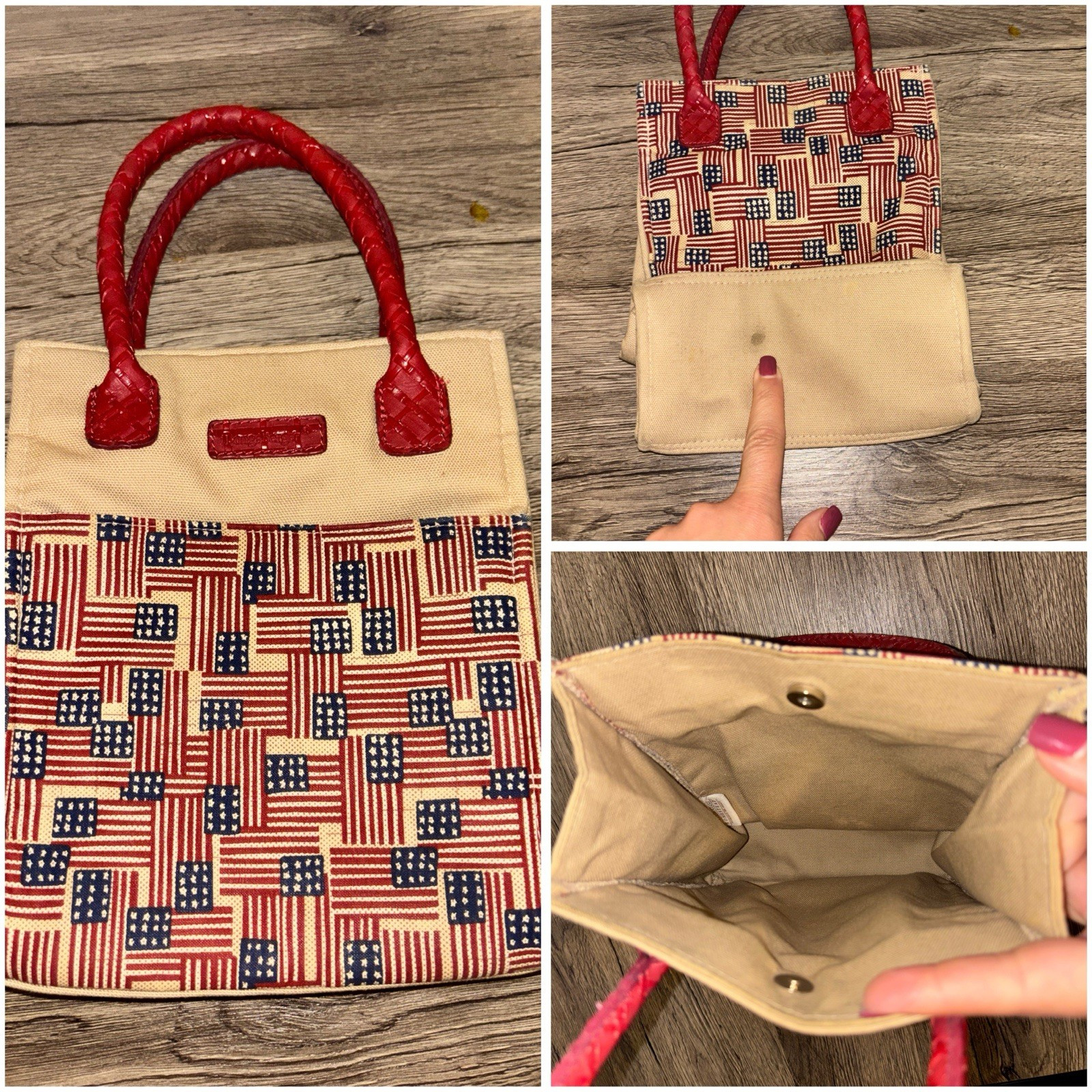 Longaberger Flag Pattern Tote Bag with Red Handles, Snap Closure & Lined
