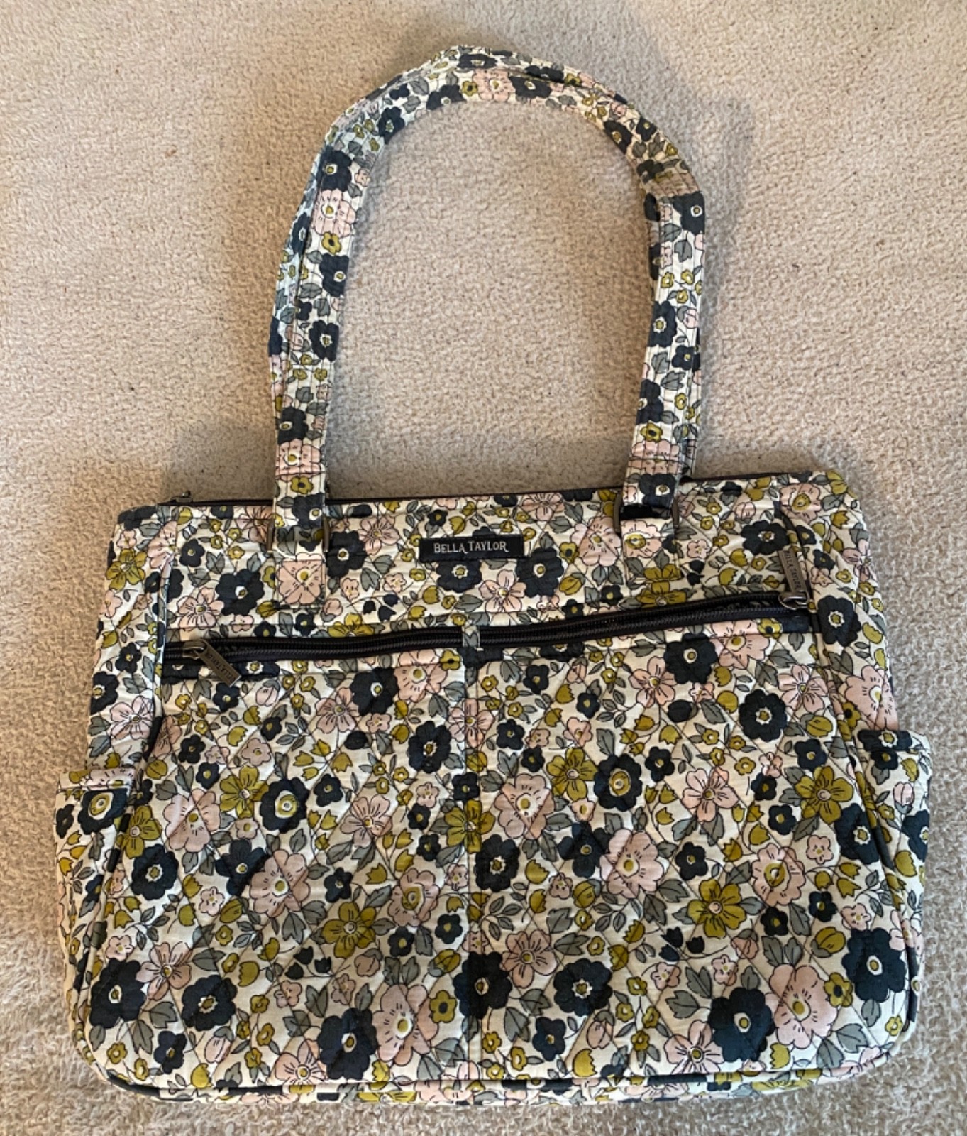 Bella Taylor Quilted Delicate Floral Charcoal Everyday Tote Shoulder Bag Soft