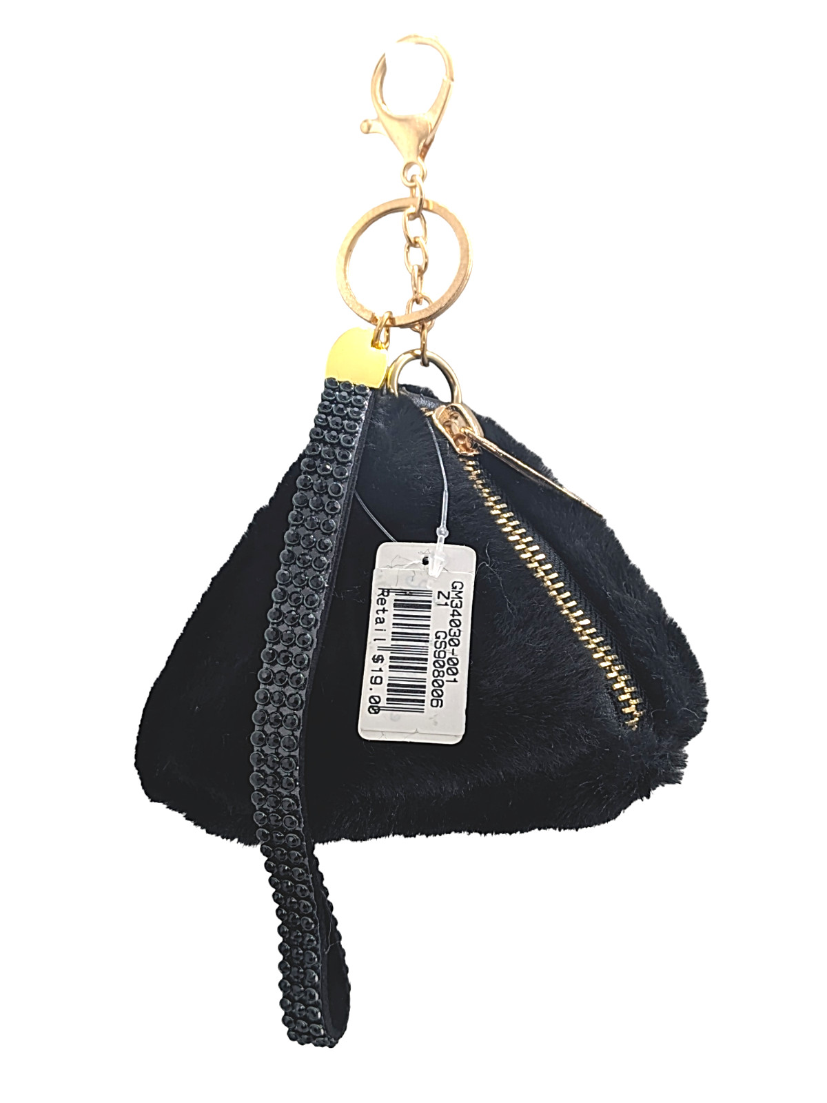 Furry Triangle Zip Coin Purse Keychain With Wrist Strap / Bag Charm