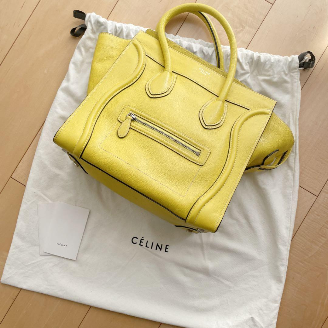 Celine Luggage Mini Shopper Yellow Calfskin Suede Tote Bag A4 Size W 11.81 in JP