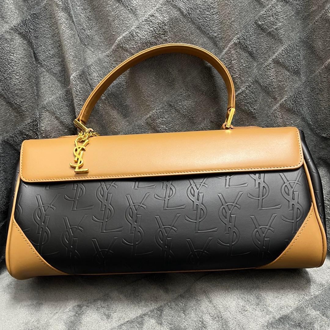 Yves Saint Laurent Cassandra Handbag Black Brown Leather Top Handle 33x18x9cm