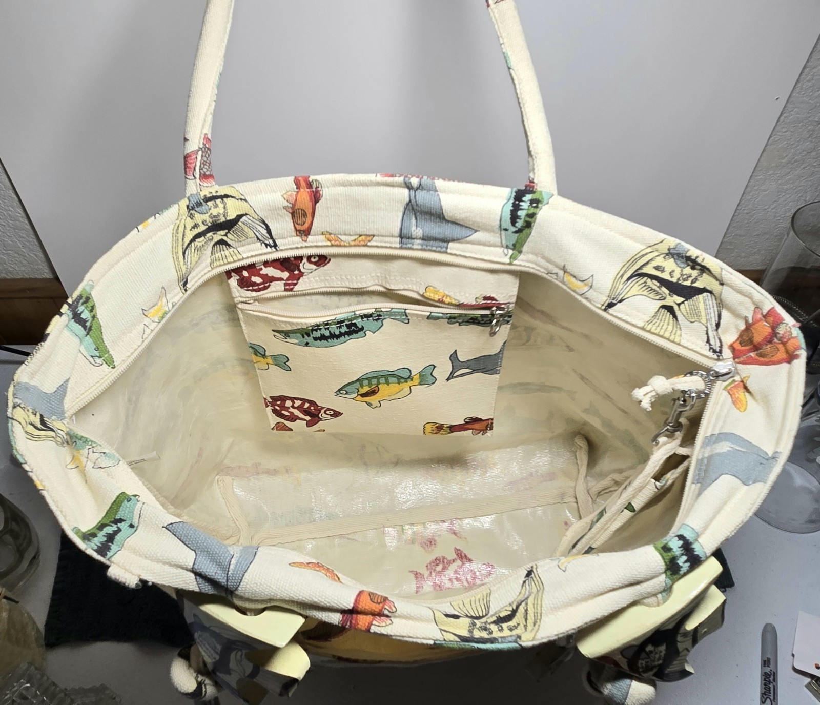 Unique Coastal Fish Print Cotton Canvas Tote Beach Bag Wood Fish Accents 21″