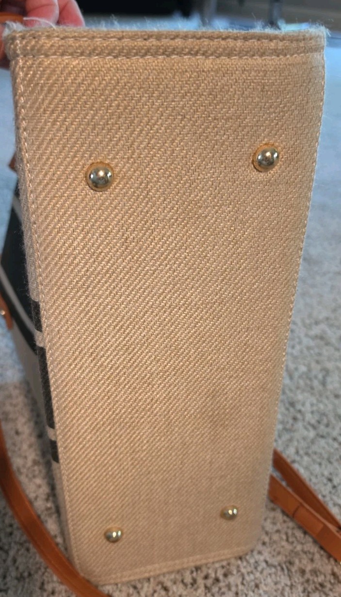 Crossbody Shoulder Bag Tote Purse Large Beige Black Stripe Canvas Brown Straps
