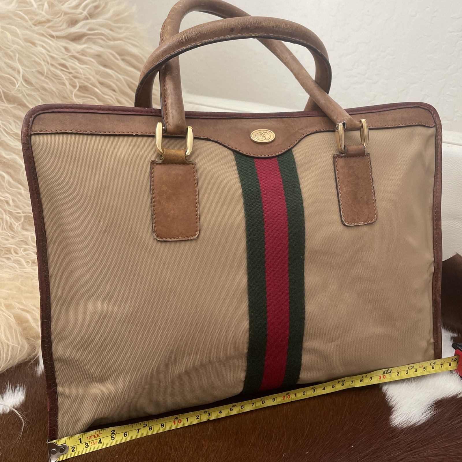 Gucci Accessory Collection Vintage Tote Sherry Line GG Canvas Leather Auth Italy