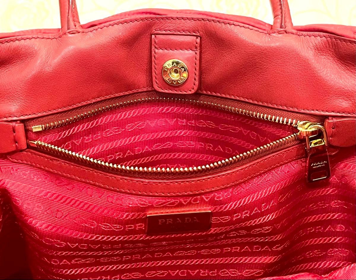 PRADA Esplanade 2Way Tote Bag Red Nylon Leather Shirring Large w/ Strap