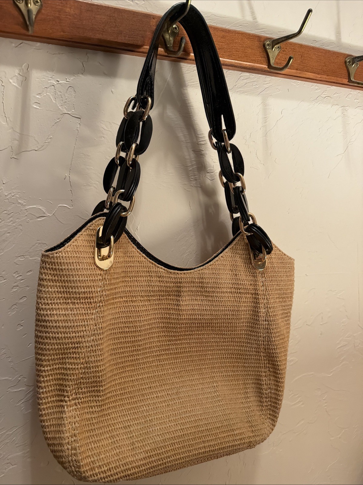 Michael Kors Bag Shoulder Strap Wheat Beige Straw Weave Look Black Handle