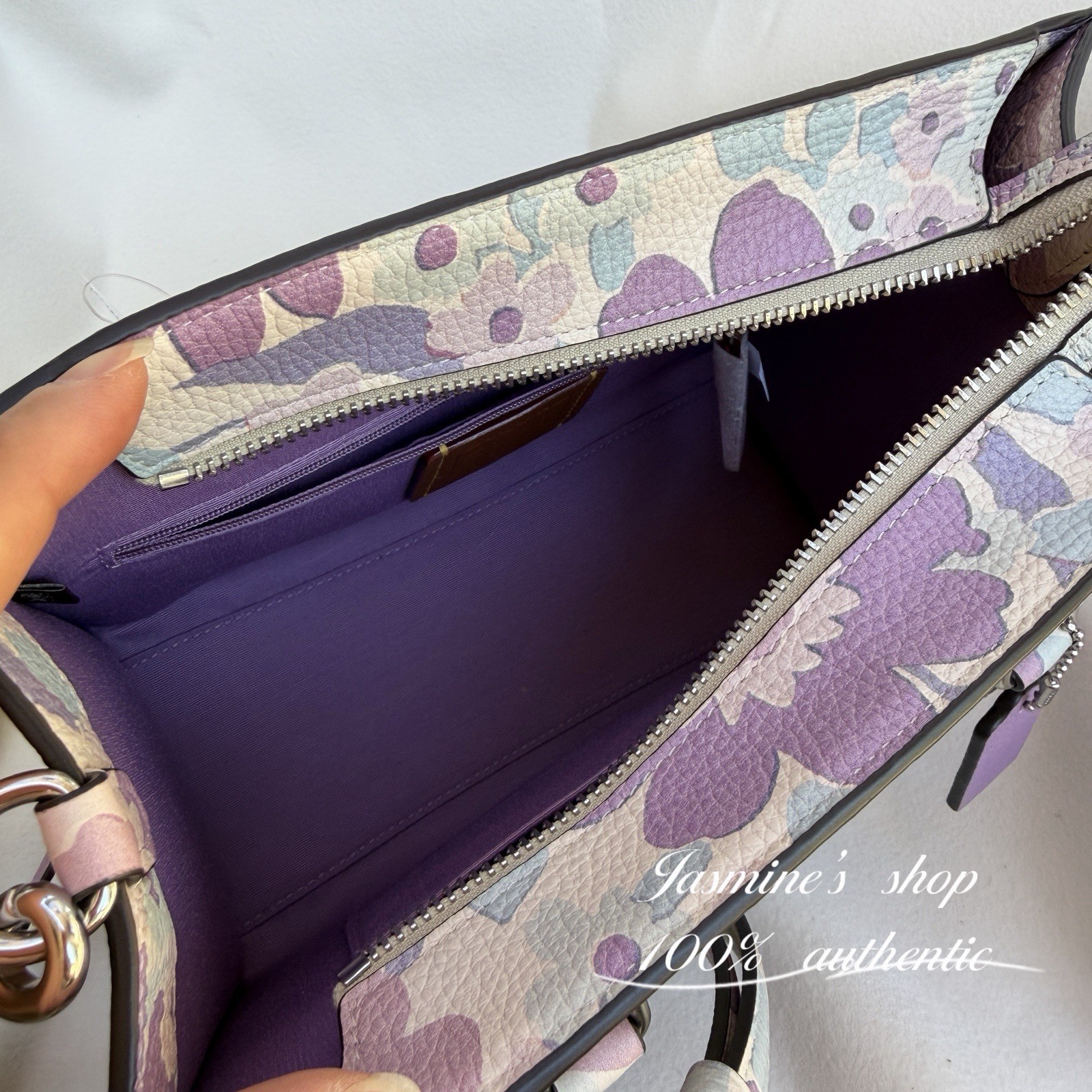 NWT COACH Maggie Small Tote Bag Floral Print Pebble Leather Ivory Purple CBM08