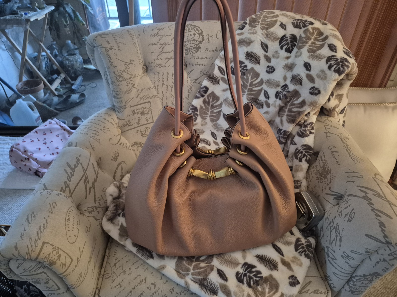 Donna Karan Large Dark Blush Pebbled Shoulder Bag Gold Hardware Drawstring