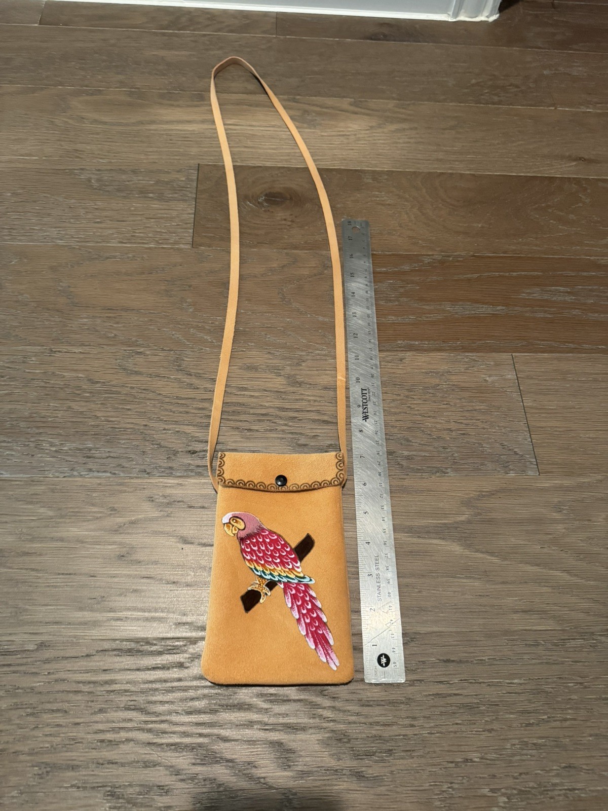 Suede Tan Hand-Painted Parrot Crossbody Phone Bag Made in Mexico