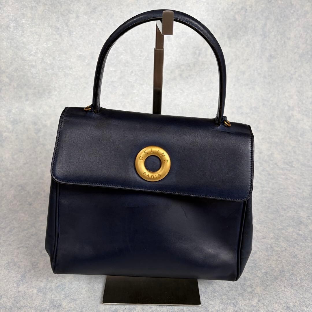 CELINE Navy Leather Top Handle Handbag Gold Circle Logo Y2K Self Standing 73