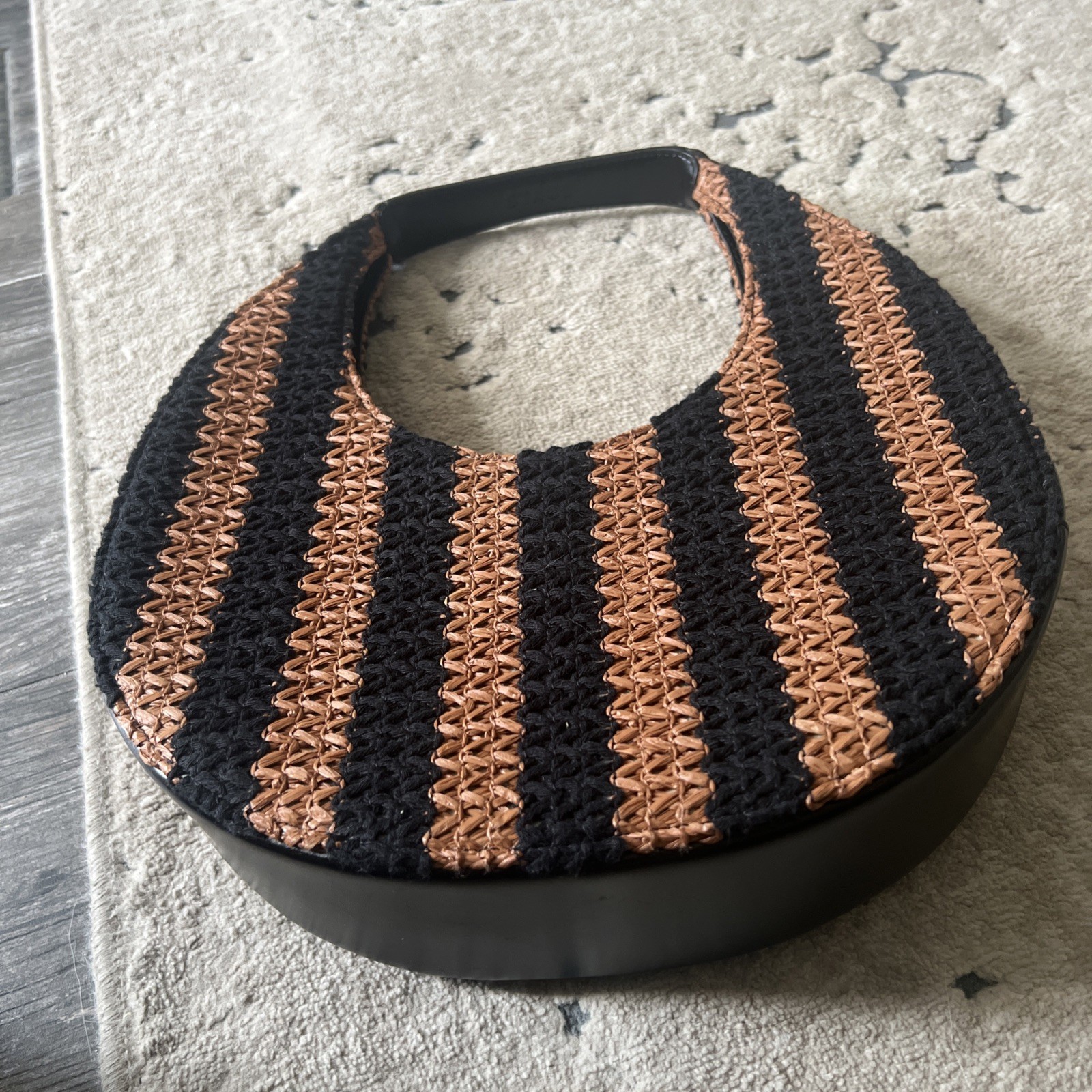 Staud Raffia Moon Tote, Black Leather & Tan Woven Bag