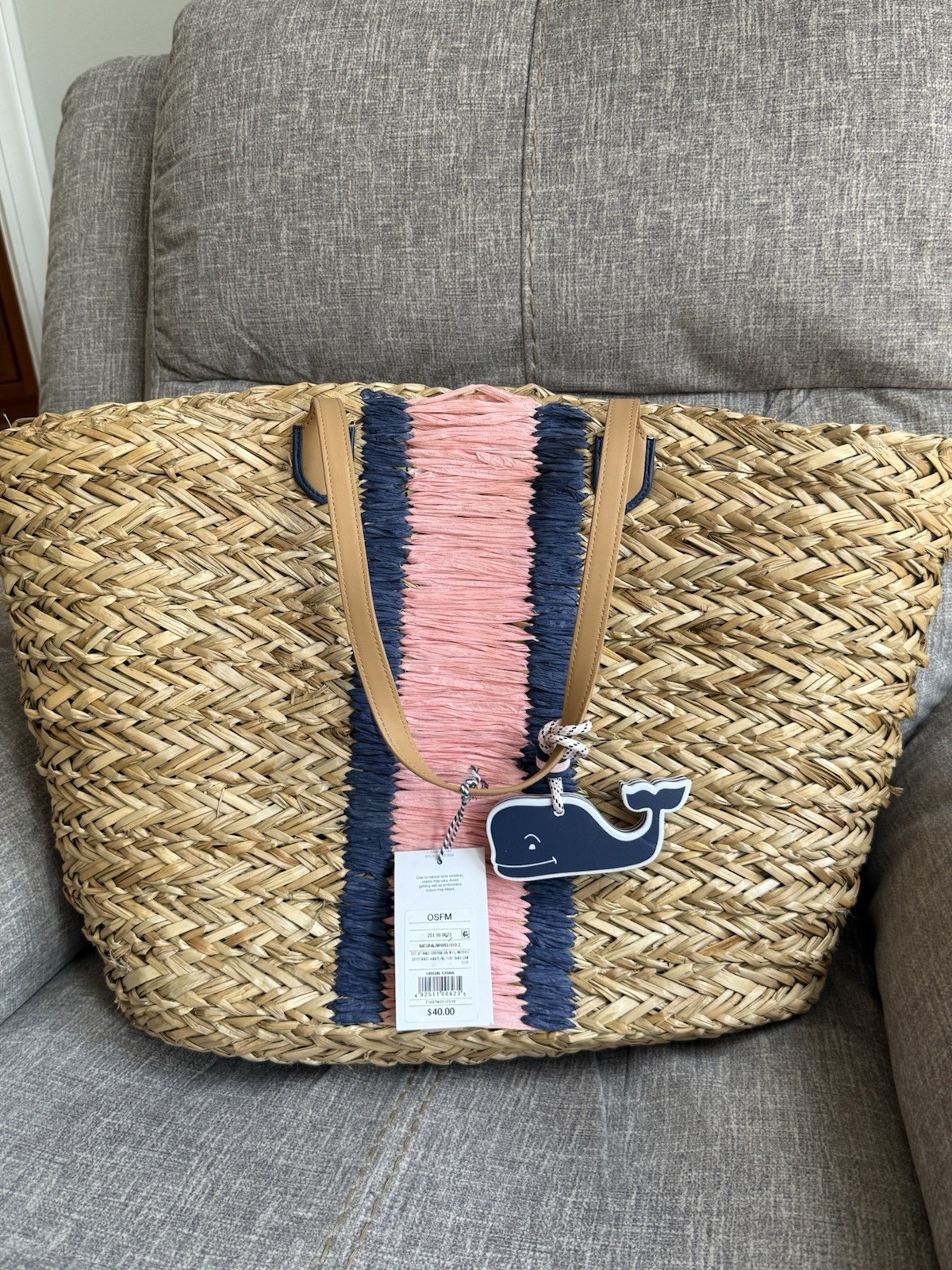 Vineyard Vines for Target Straw Tote Bag NWT Pink Navy Stripe Whale Charm