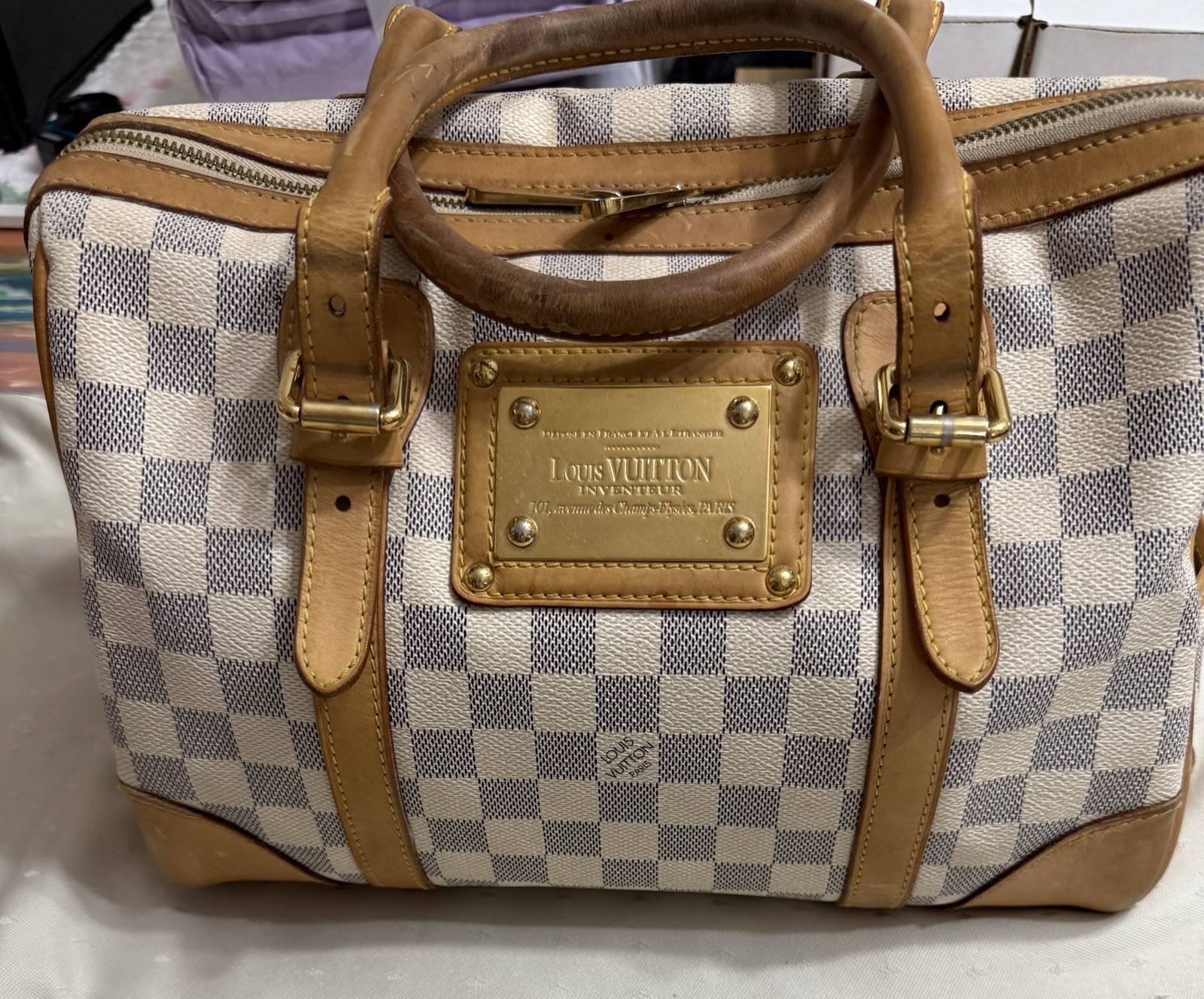 Louis Vuitton Damier Azur Checkered Satchel Top Handle Zip Double Handles
