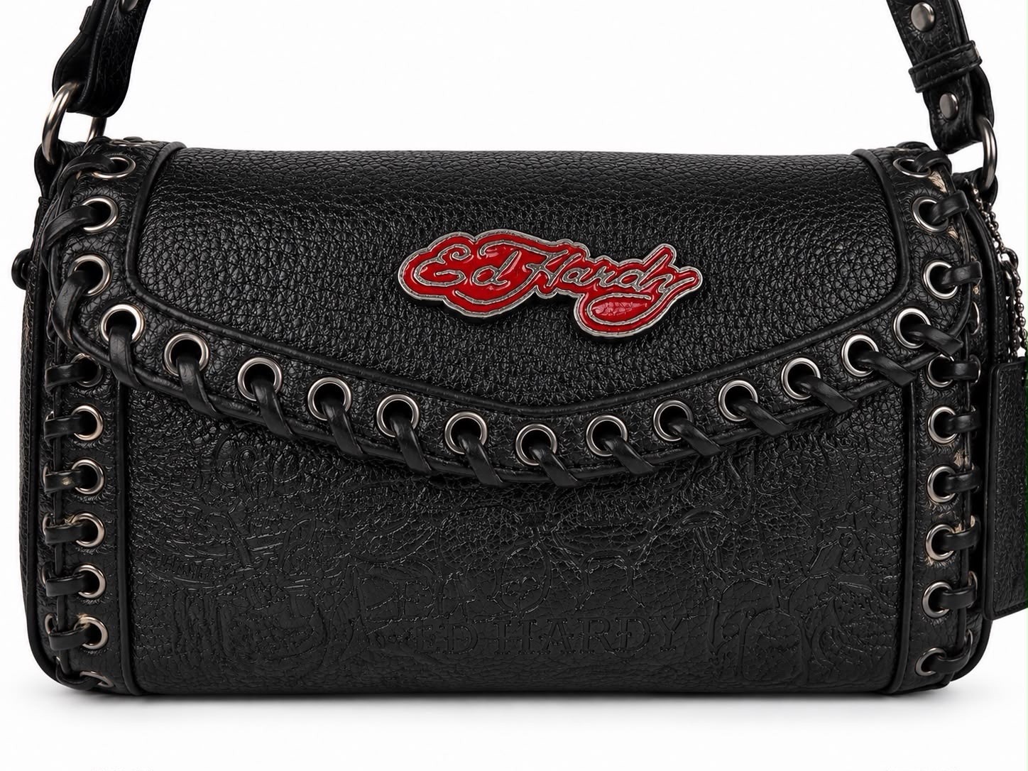 Ed Hardy Shoulder Bag Black Logo Zip Silver Hardware Grommet Coin Purse Women