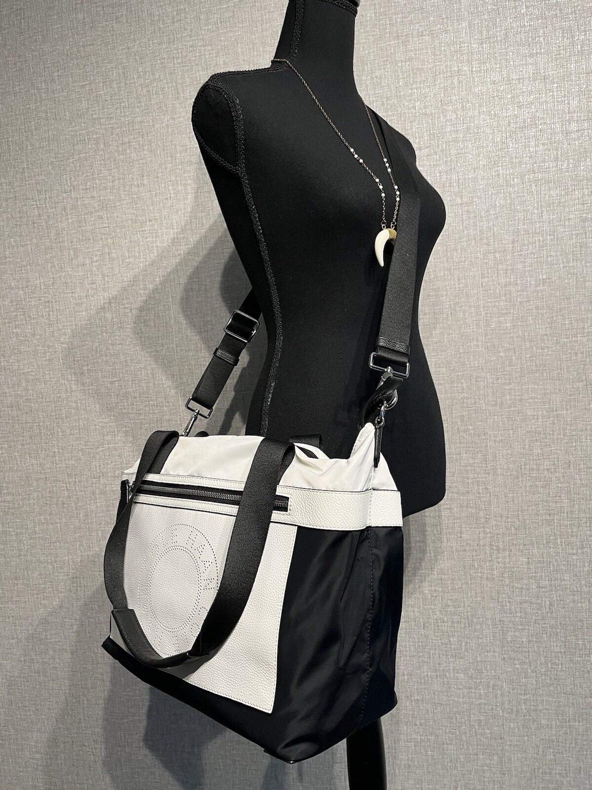 Cole Haan Grand Series Black/White Nylon /Leather Duffel Shoulder Messenger Bag
