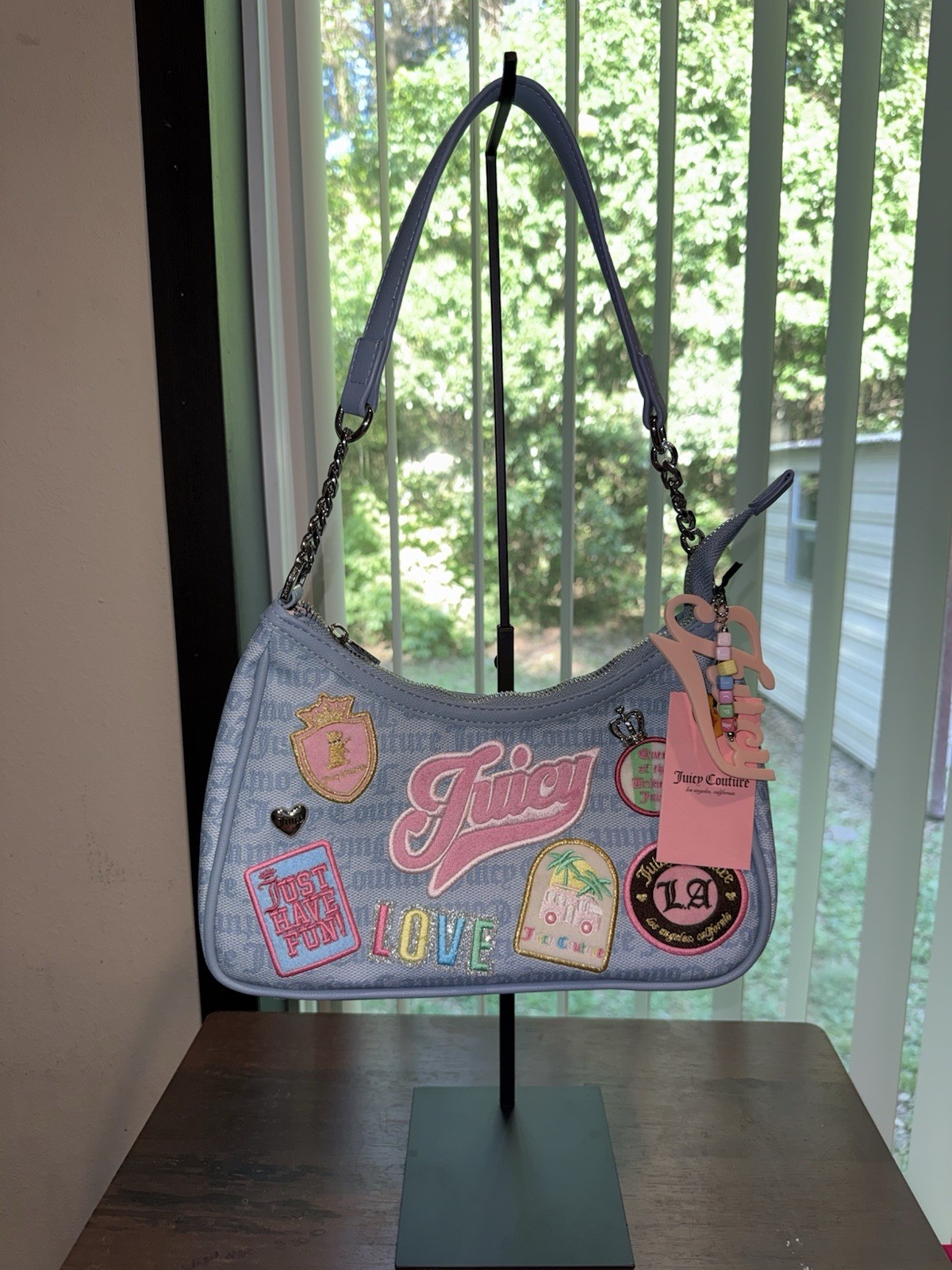 Juicy Couture Blue Logo Shoulder Bag Zip Charm Silver Hardware