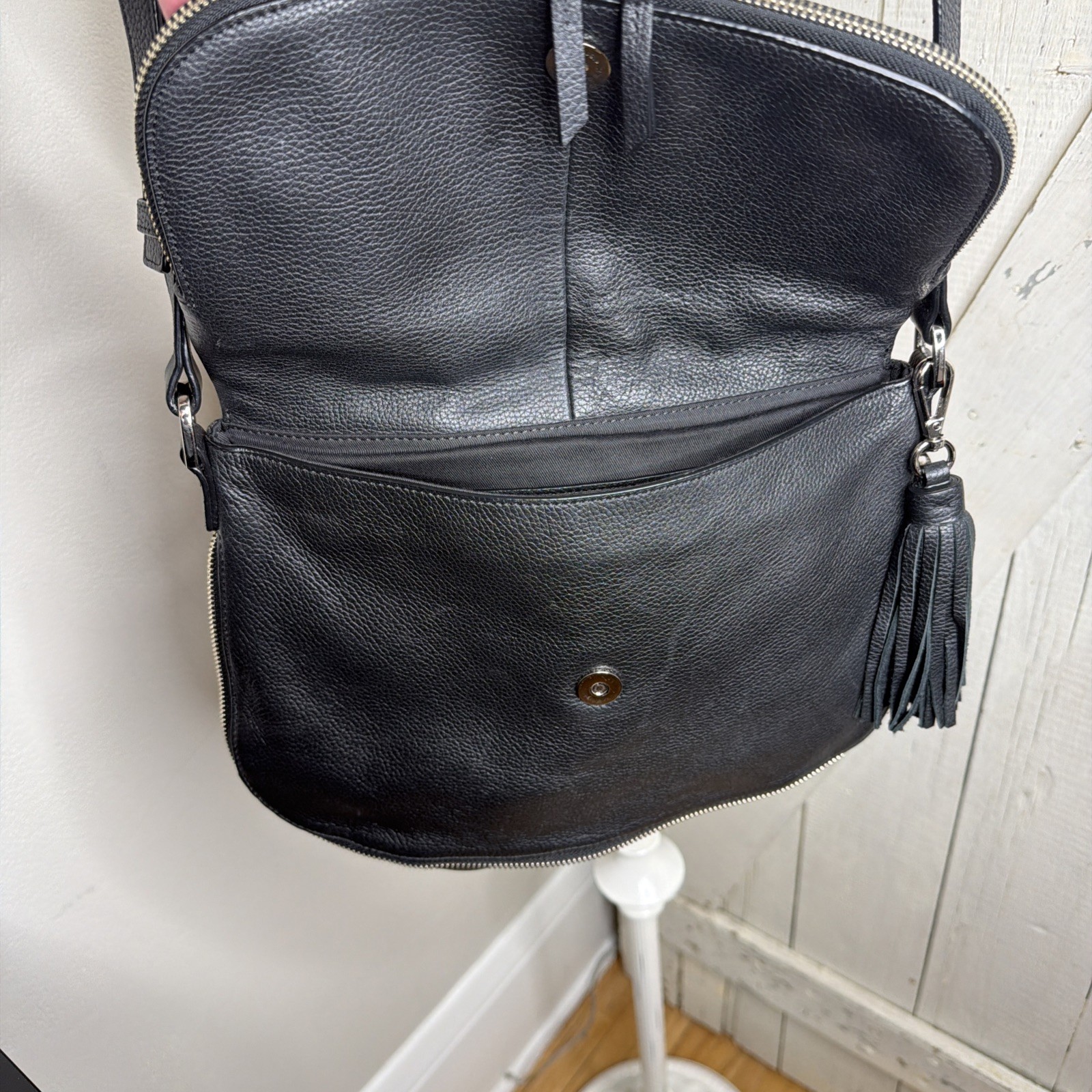 Nordstrom Black leather Handbag Purse Crossbody Tassel Expandable Roomy