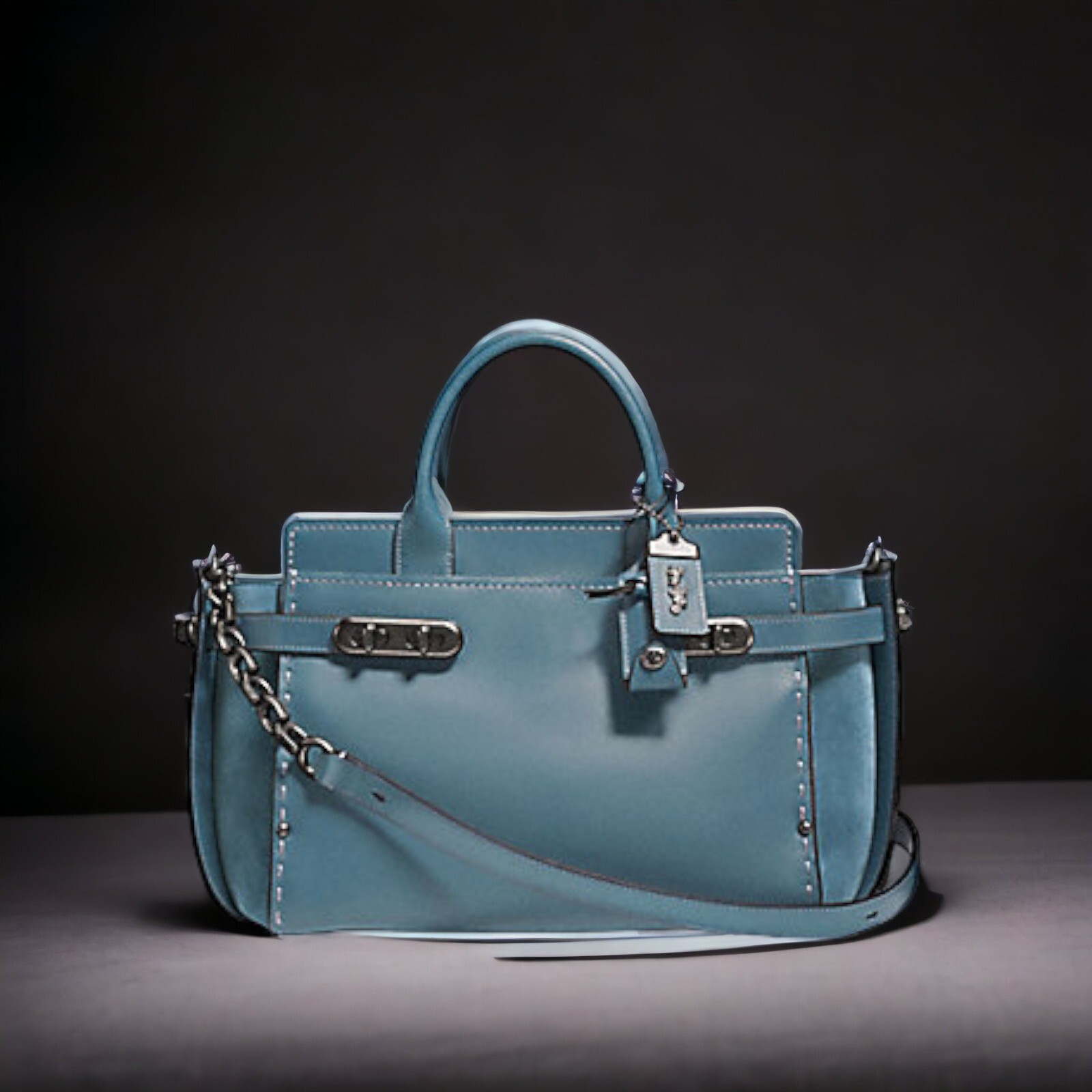 Coach 1941 Double Swagger Crossbody Bag Chambray Blue Leather Satchel 25133