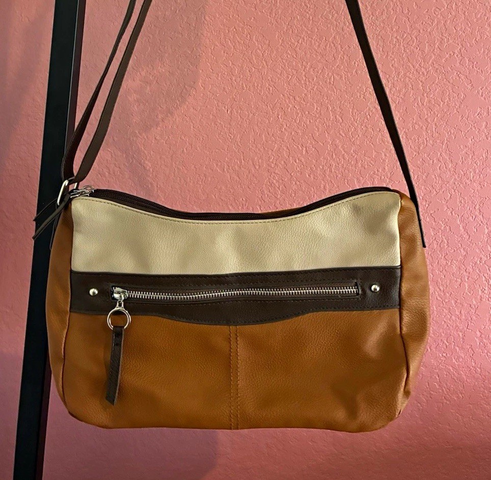 Women’s Brown/Beige Colorblock Crossbody Bag Zip, Inner Pockets, Lined