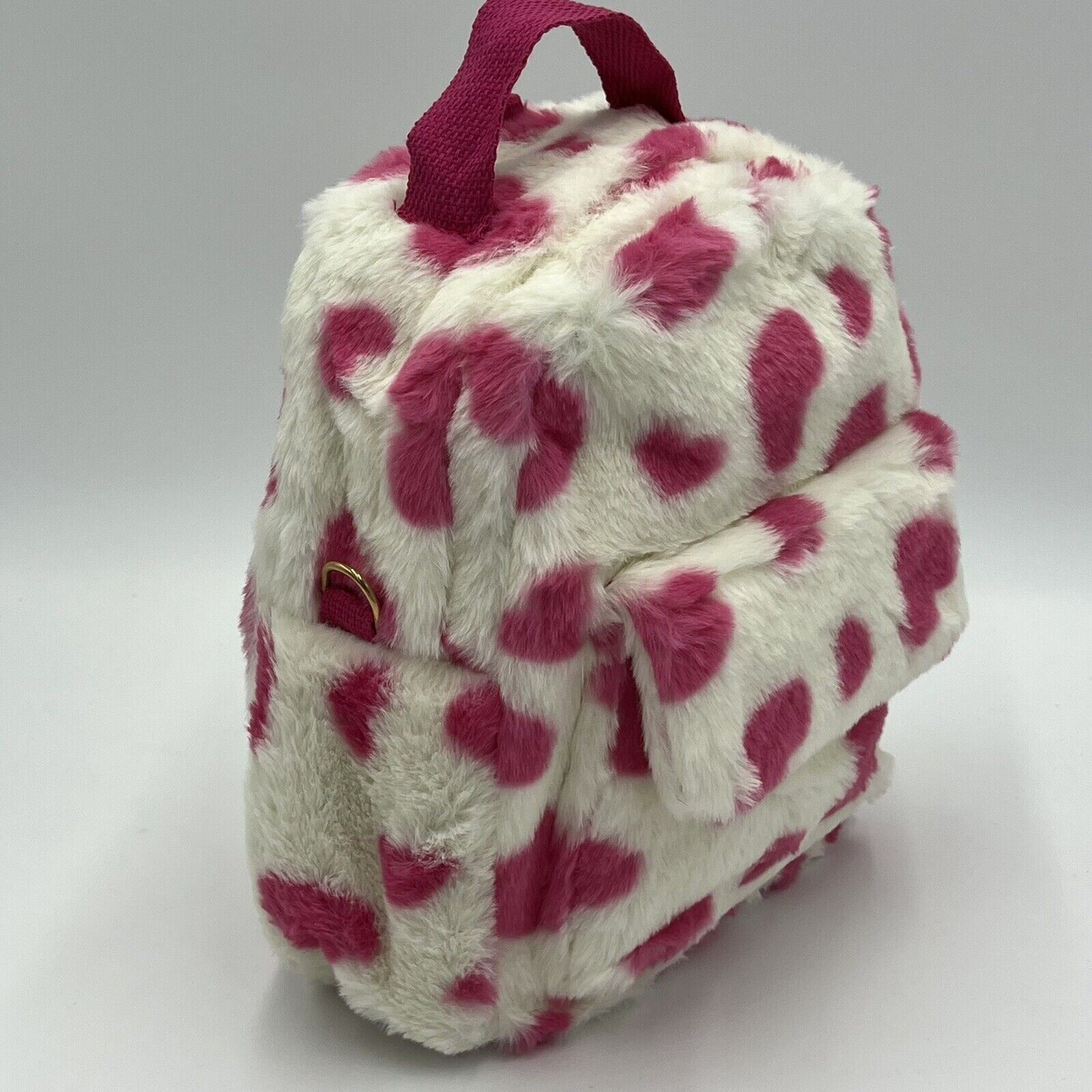 Pink Heart Print Mini Fuzzy Backpack Love Pattern Shoulder Bag White 10 x 9 in