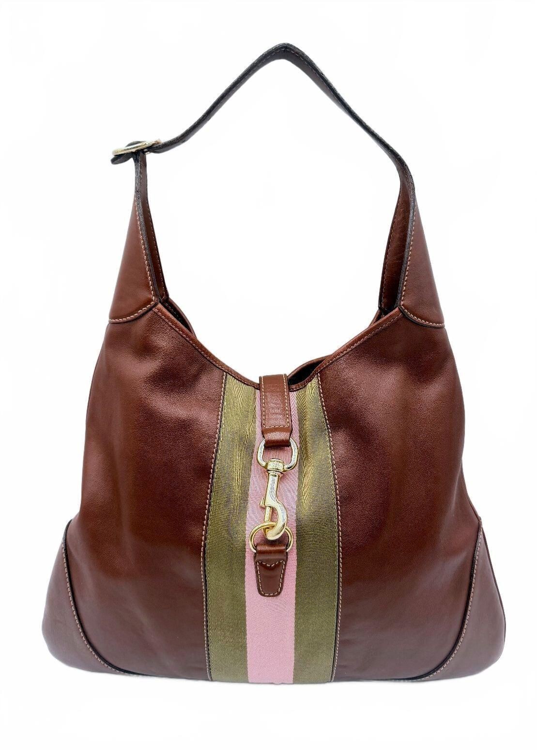 Gucci Vintage Large Jackie O Bouvier Hobo Bag Brown Leather Pink Green Stripe