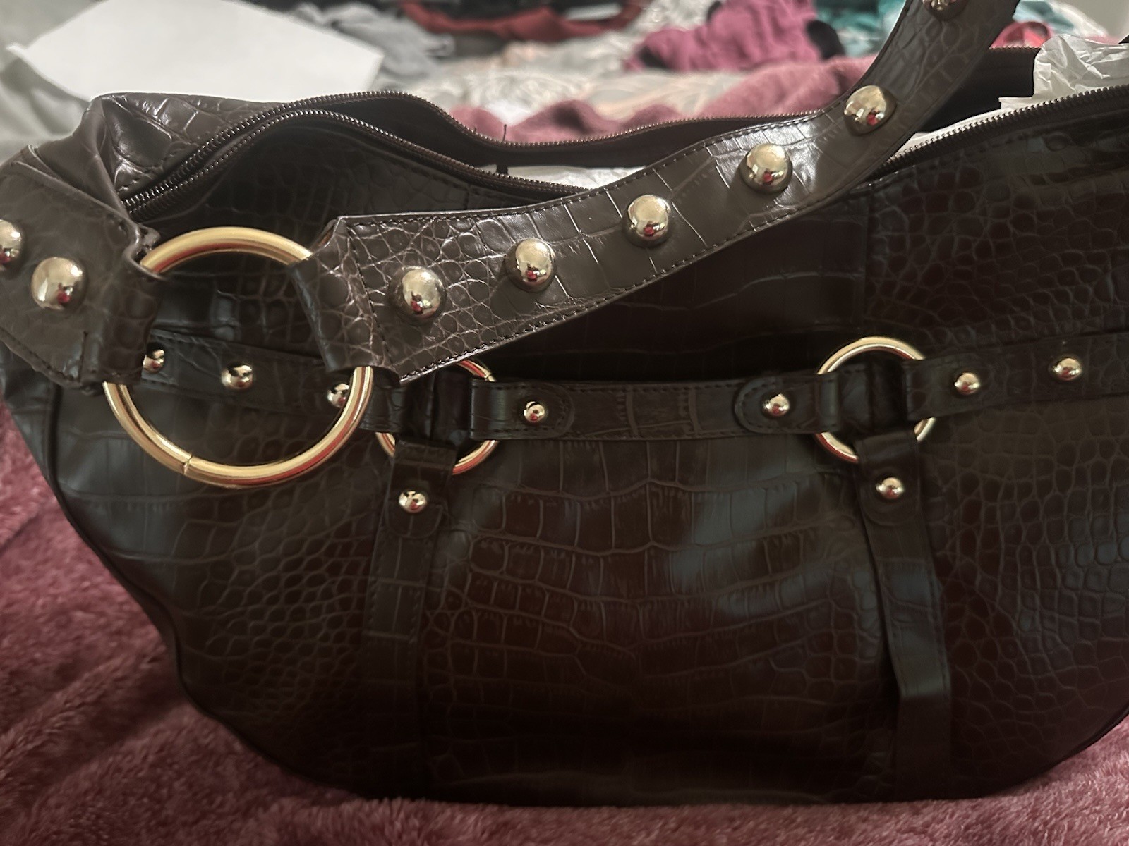 New 90s Brown Boho Croc Embossed Hobo Shoulder Bag Satchel Gold Hardware