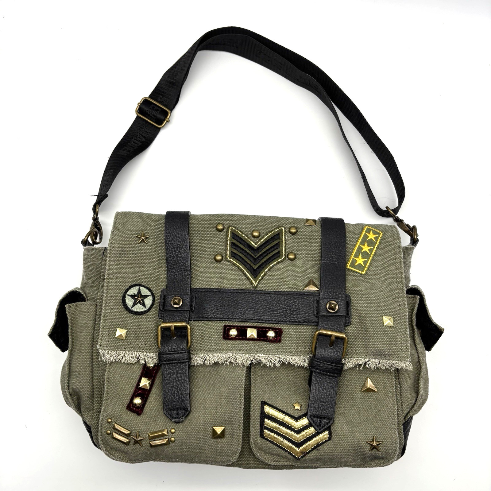 Vintage 00s Y2K Steve Madden Army Green Canvas Military Messenger Bag 14×11″