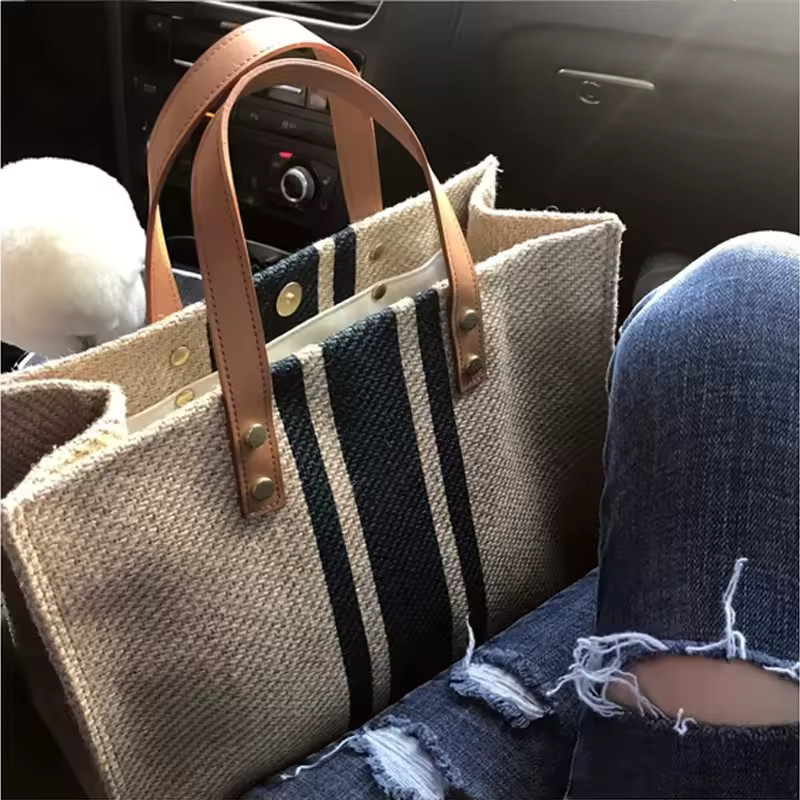 Women Canvas Stripe Bucket Handbag Large Capacity Tote Shoulder Crossbody Bag