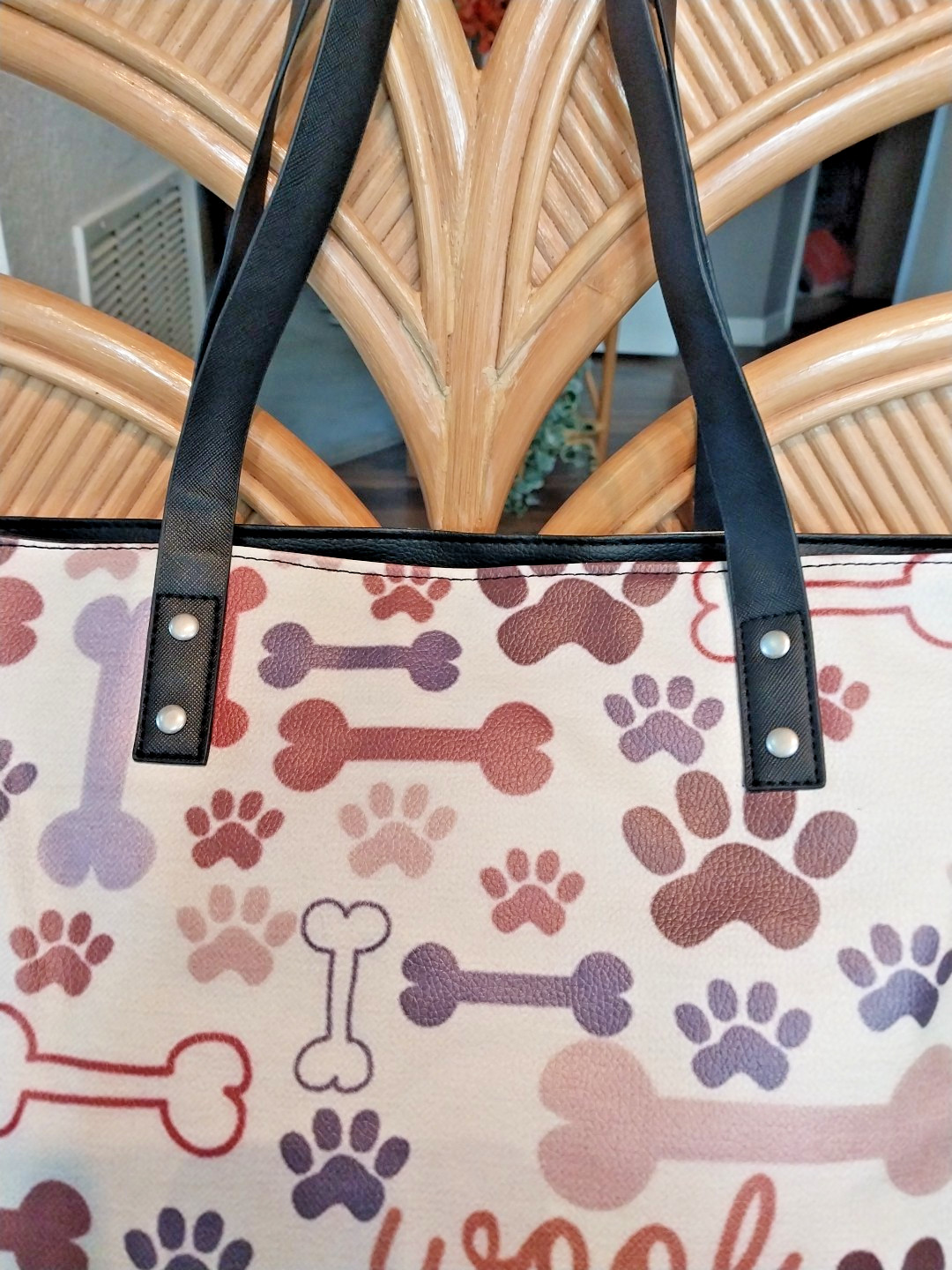 Woof and Bone Paw Print Tote Bag, Adorable for all Doggie Lovers, Cream and Tan