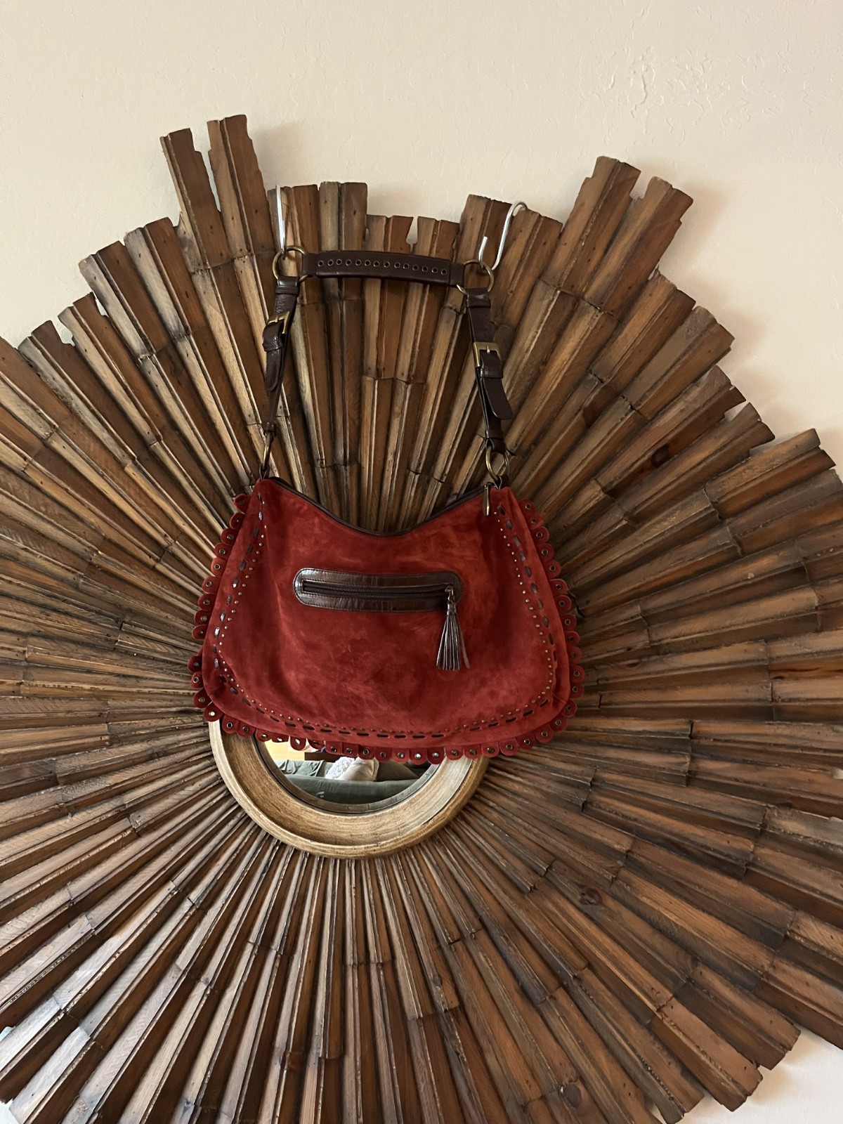 BERGE ITALIAN RED TASSEL GENUINE SUEDE LEATHER HOBO TOTE SHOULDER HANDBAG PURSE