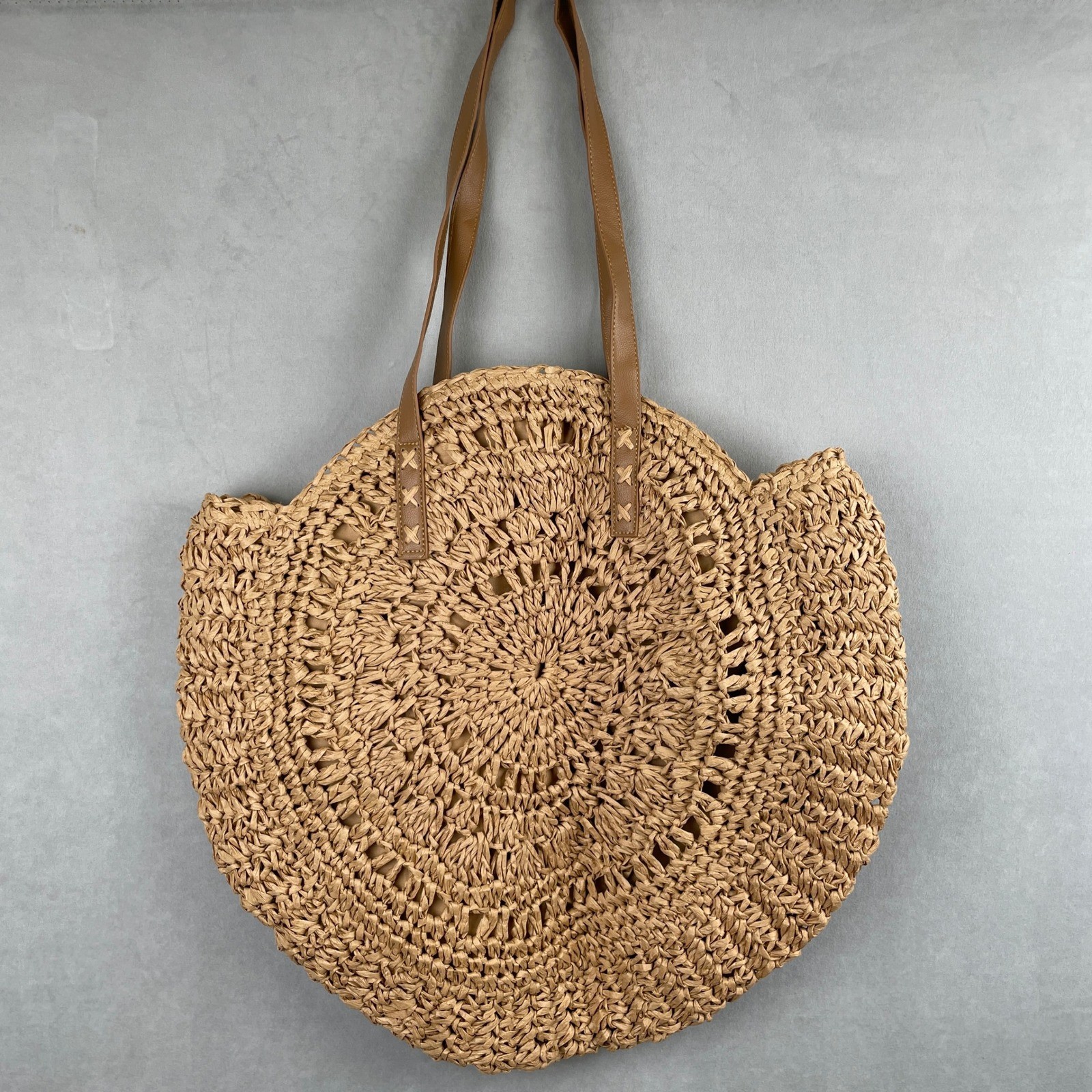 Large Round Woven Straw Tote Bag Brown Faux Leather Straps Pom Poms Boho Beach