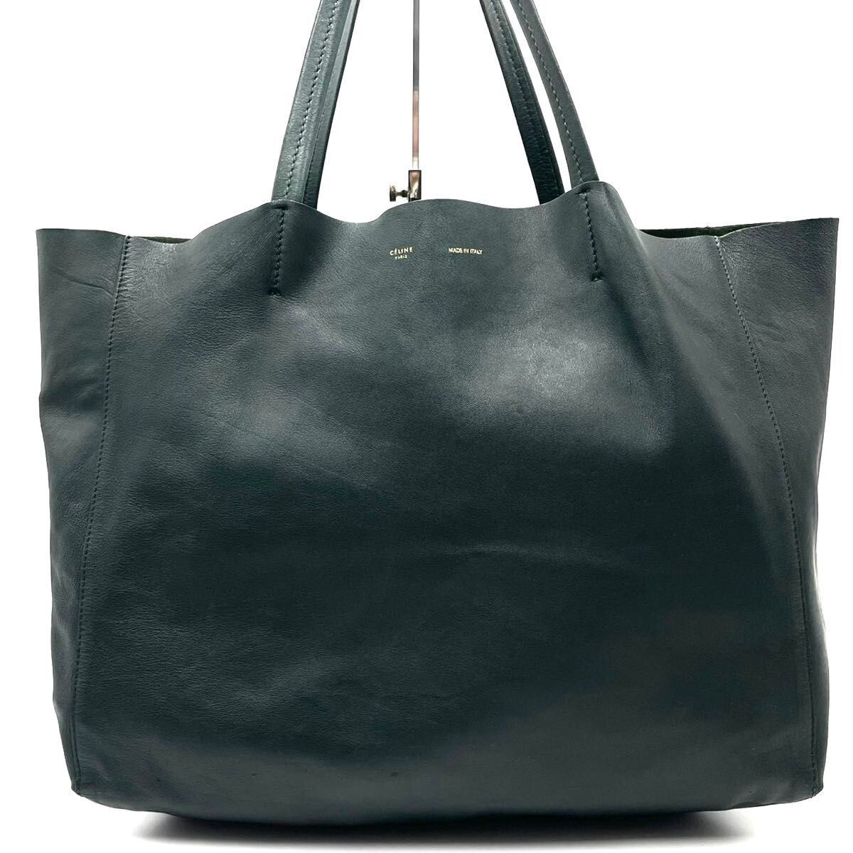 Celine Phoebe Horizontal Cabas Dark Green Leather Tote Bag Hand Shoulder Auth