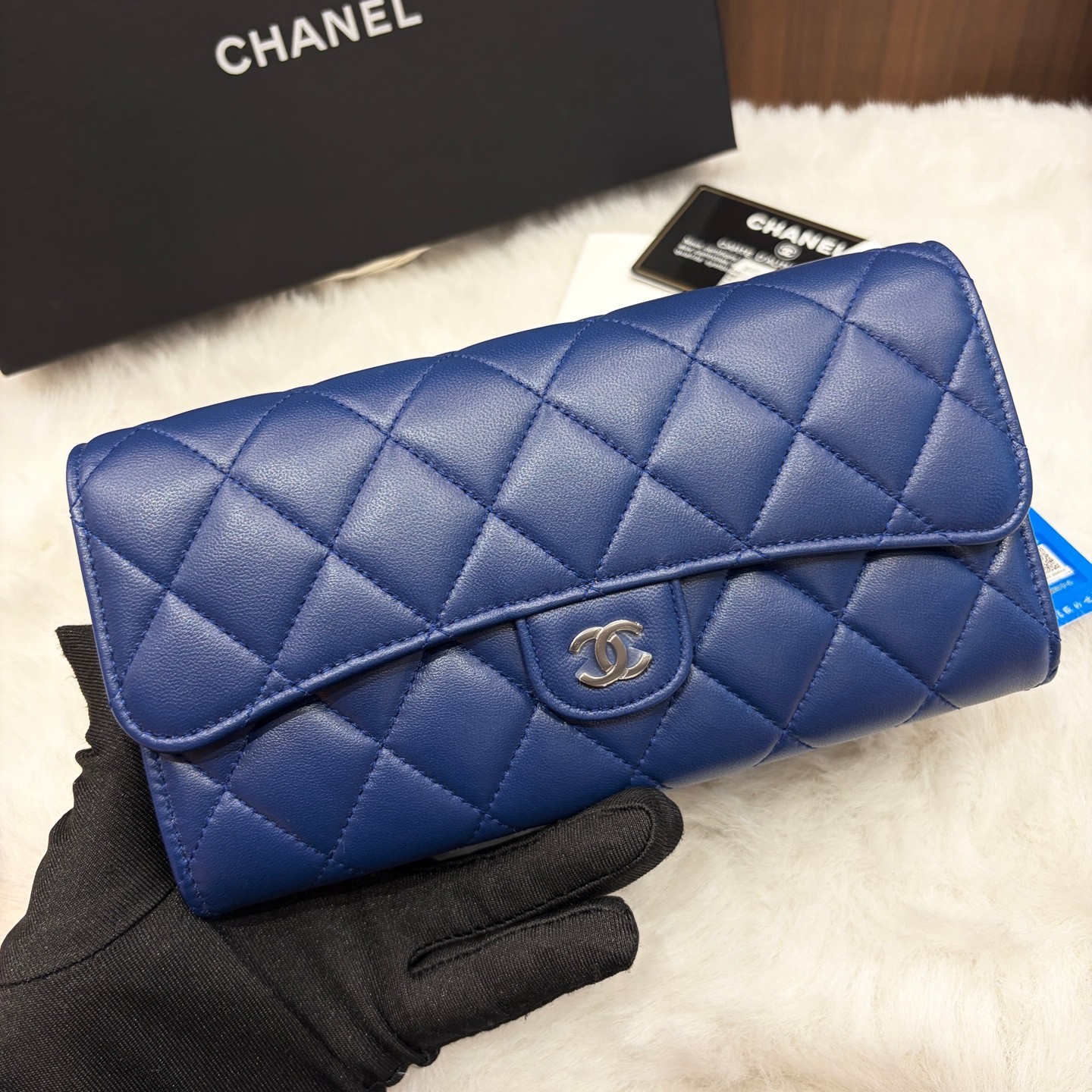 Chanel Classic Flap Normal Size Blue Lambskin Cash Card Coin Wallet US Ship