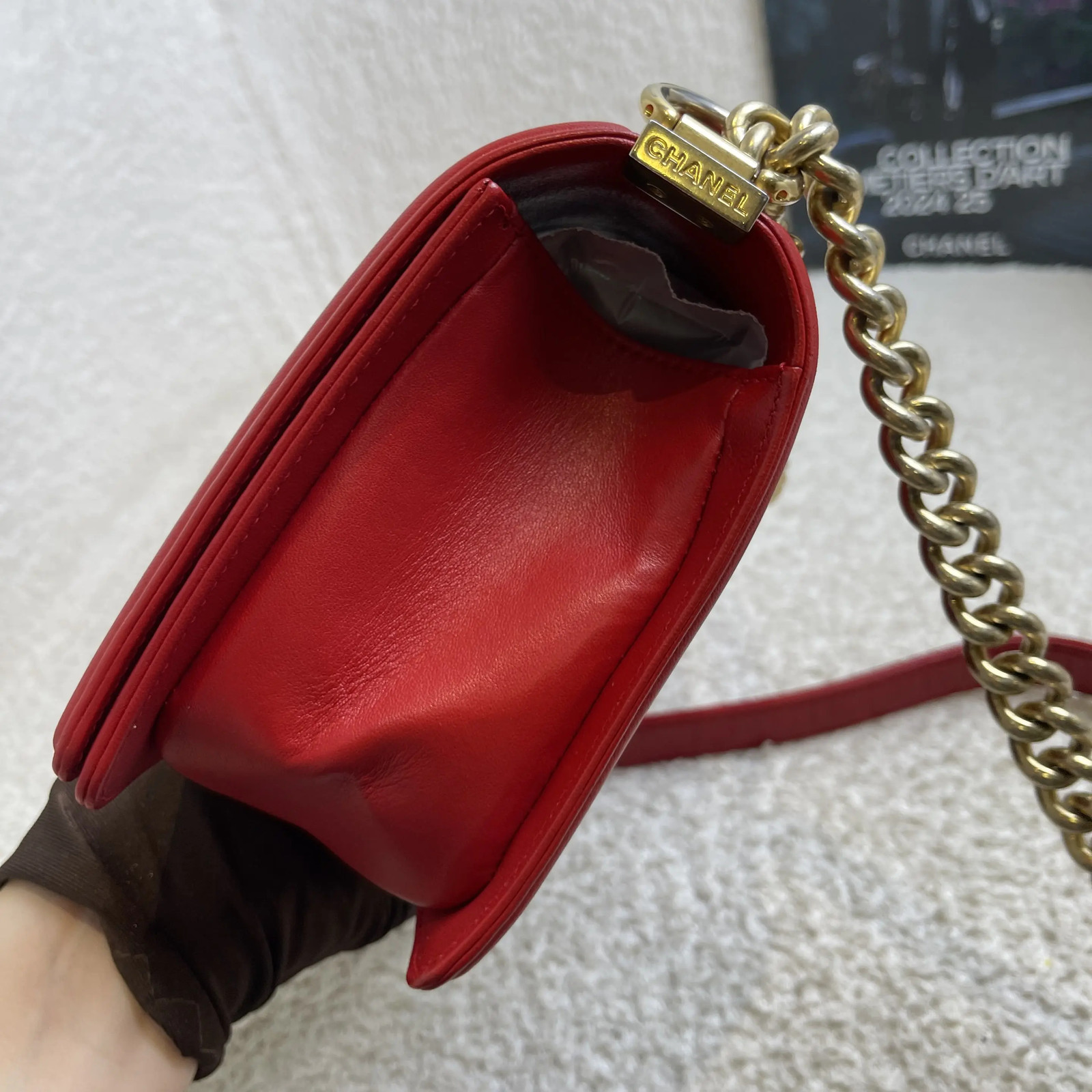 Chanel Le Boy Lambskin Red Medium Shoulder Bag Gold Hardware