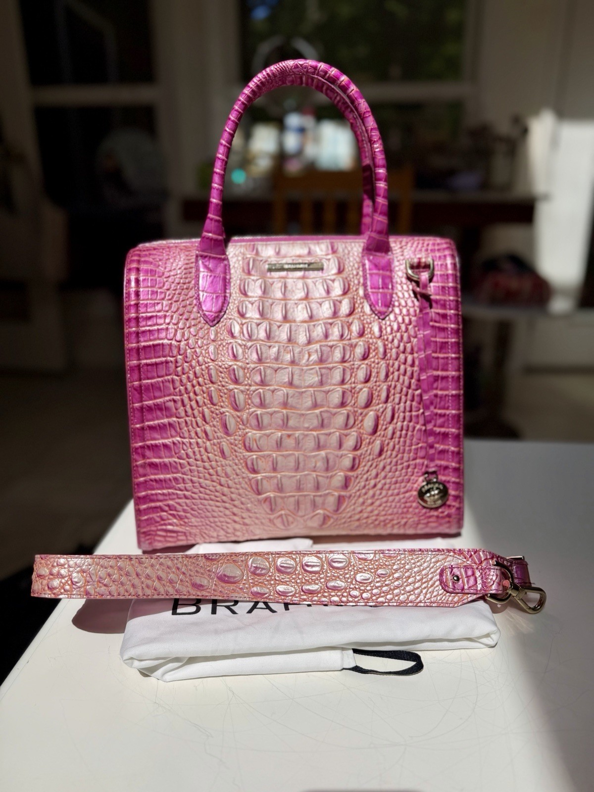 🩷🧡 Brahmin PEONY OMBRÉ CAROLINE leather satchel VGUC Beautiful!! RARE!