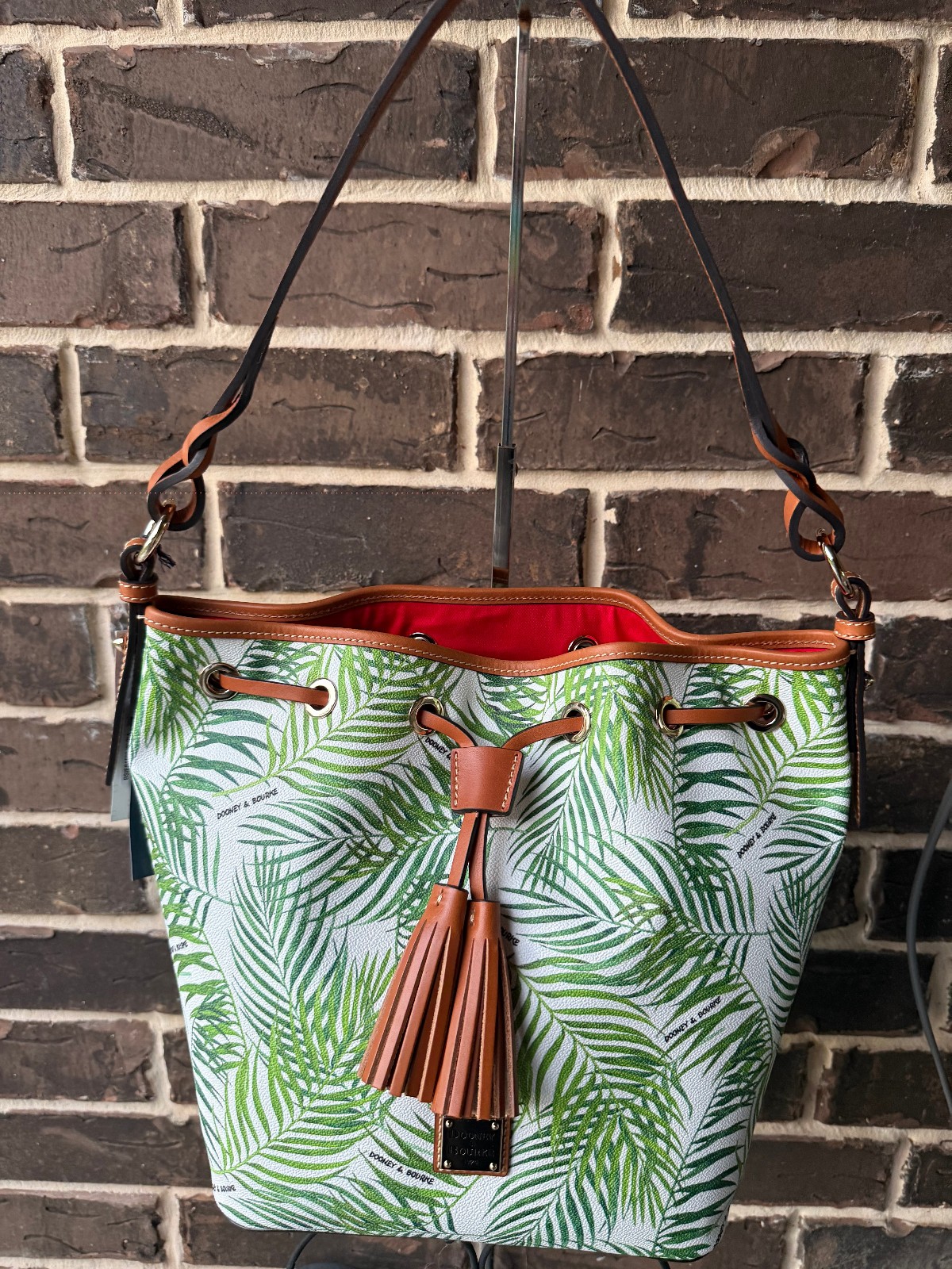 NWT$328 Dooney & Bourke Siesta Key Tasha Palm Leaf Drawstring Bucket white green