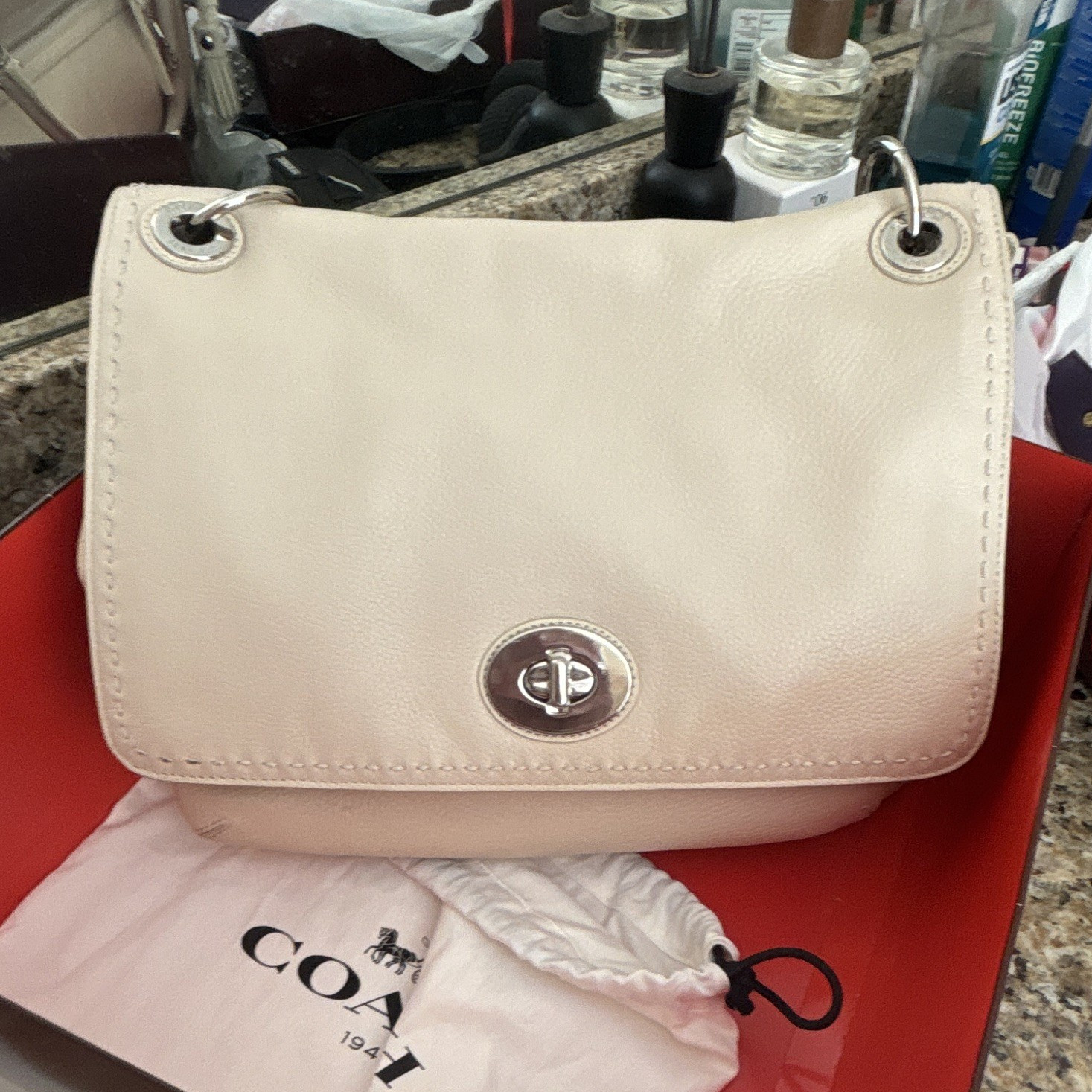 Coach Ivory Women’s Medium Shoulder Bag, Zip, Turn Lock, Tassel, Charm, Pockets