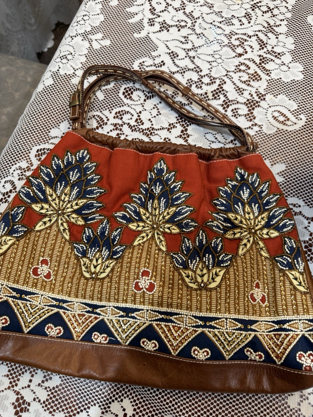 Vintage Isabella Fiore Red, Blue & Brown Beaded Fabric Purse