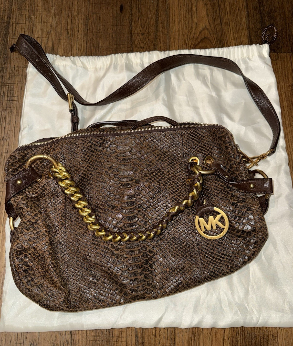 MICHAEL KORS Brown Snake Embossed Shoulder Bag Zip Gold Chain, Strap & Dust Bag